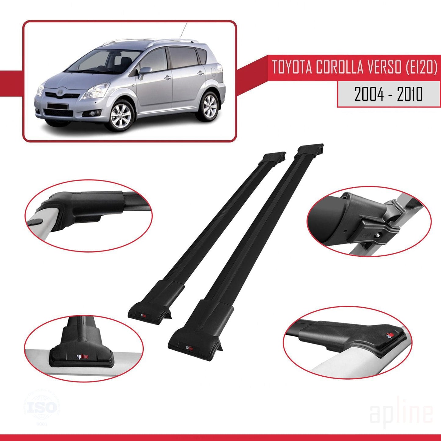 Compatible avec Toyota Corolla Verso 2 (AR10) 2004-2010 FLY Model Barres de Toit Railing Porte-Bagages de Voiture Noir Aluminium 2 Barres