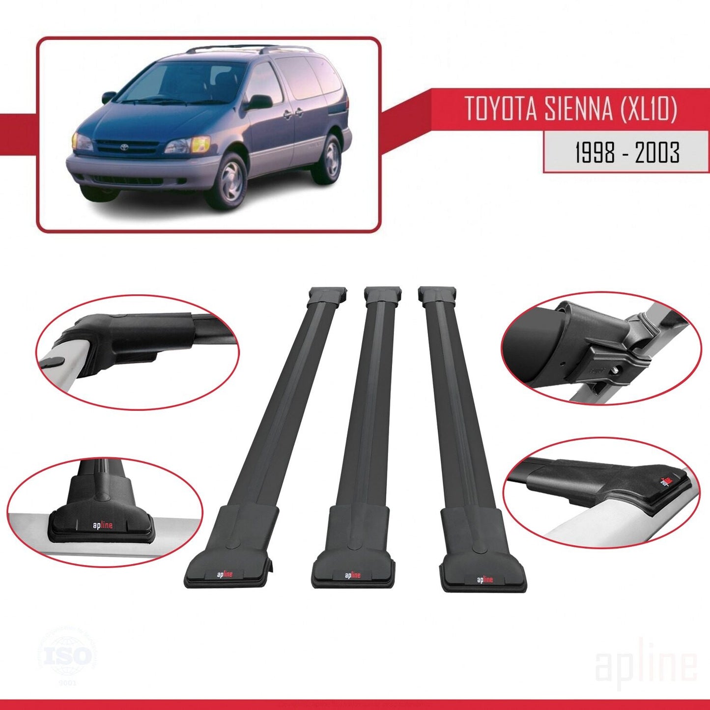 Compatible avec Toyota Sienna (XL10) 1998-2003 FLY Model Barres de Toit Railing Porte-Bagages de Voiture Noir Aluminium 3 Barres