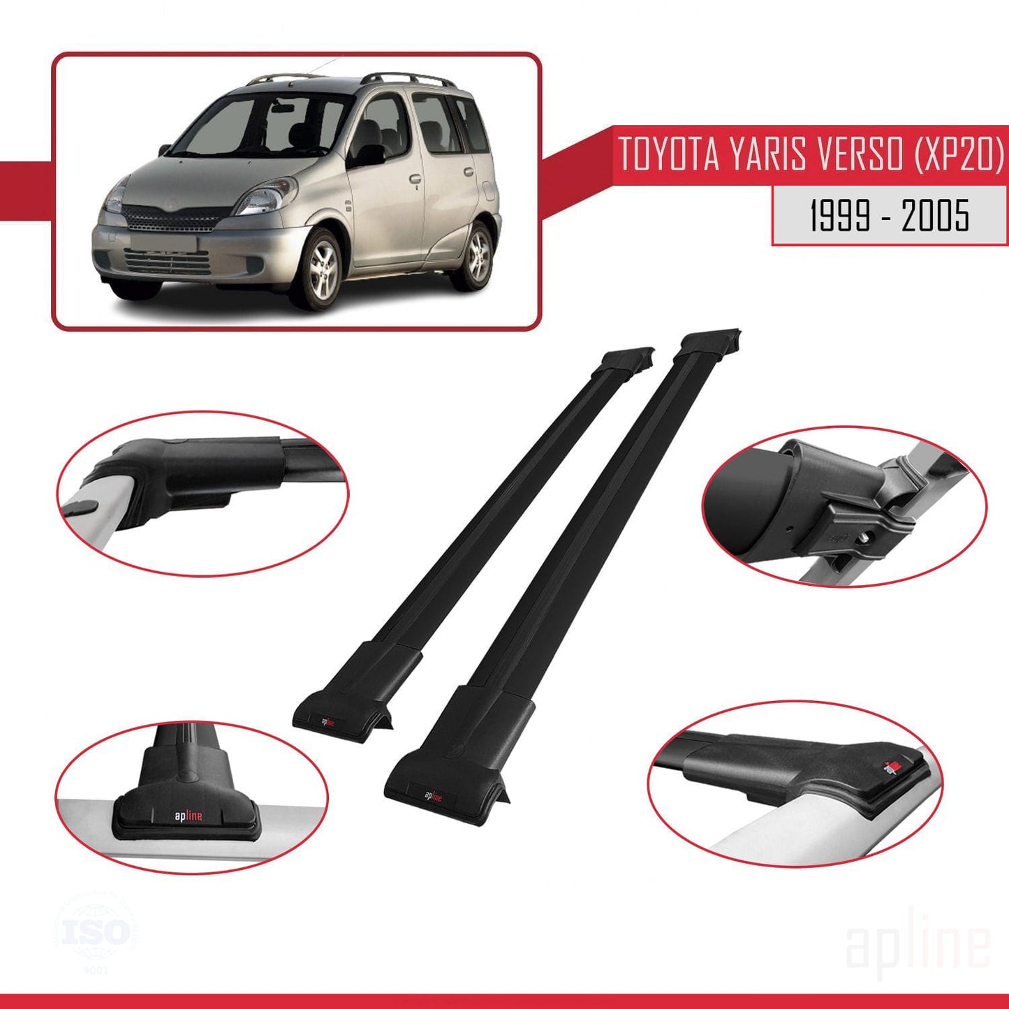 Compatible avec Toyota Yaris Verso (XP20) 1999-2005 FLY Model Barres de Toit Railing Porte-Bagages de Voiture Noir Aluminium 2 Barres
