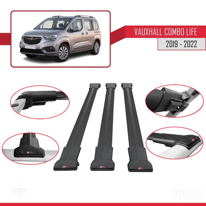Compatible avec Vauxhall Combo E Life 2019-2022 FLY Model Barres de Toit Railing Porte-Bagages de Voiture Noir Aluminium 3 Barres