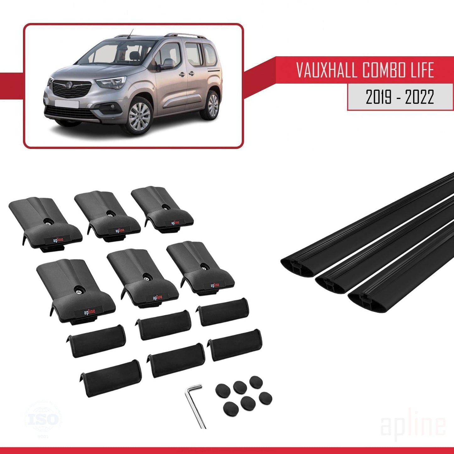 Compatible avec Vauxhall Combo E Life 2019-2022 FLY Model Barres de Toit Railing Porte-Bagages de Voiture Noir Aluminium 3 Barres