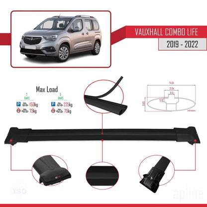 Compatible avec Vauxhall Combo E Life 2019-2022 FLY Model Barres de Toit Railing Porte-Bagages de Voiture Noir Aluminium 2 Barres