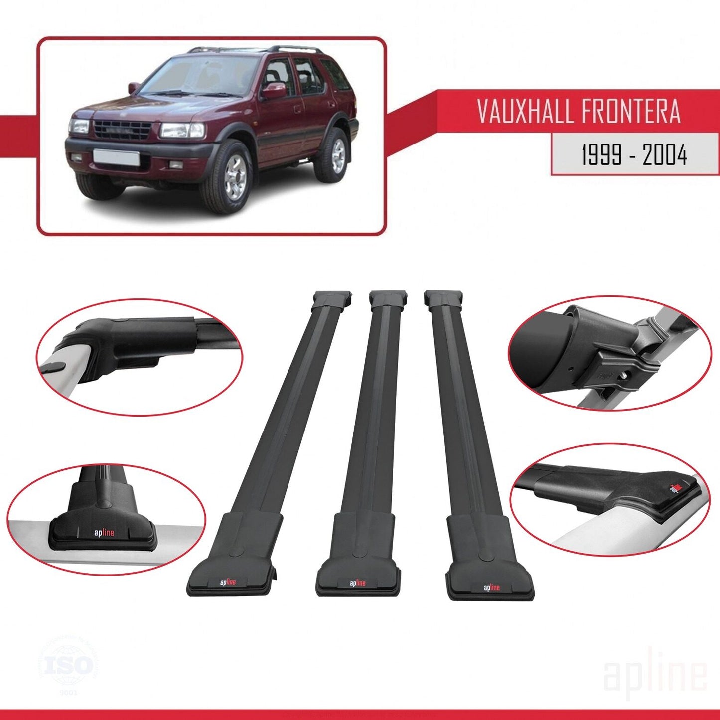 Compatible avec Vauxhall Frontera 2 1999-2004 FLY Model Barres de Toit Railing Porte-Bagages de Voiture Noir Aluminium 3 Barres