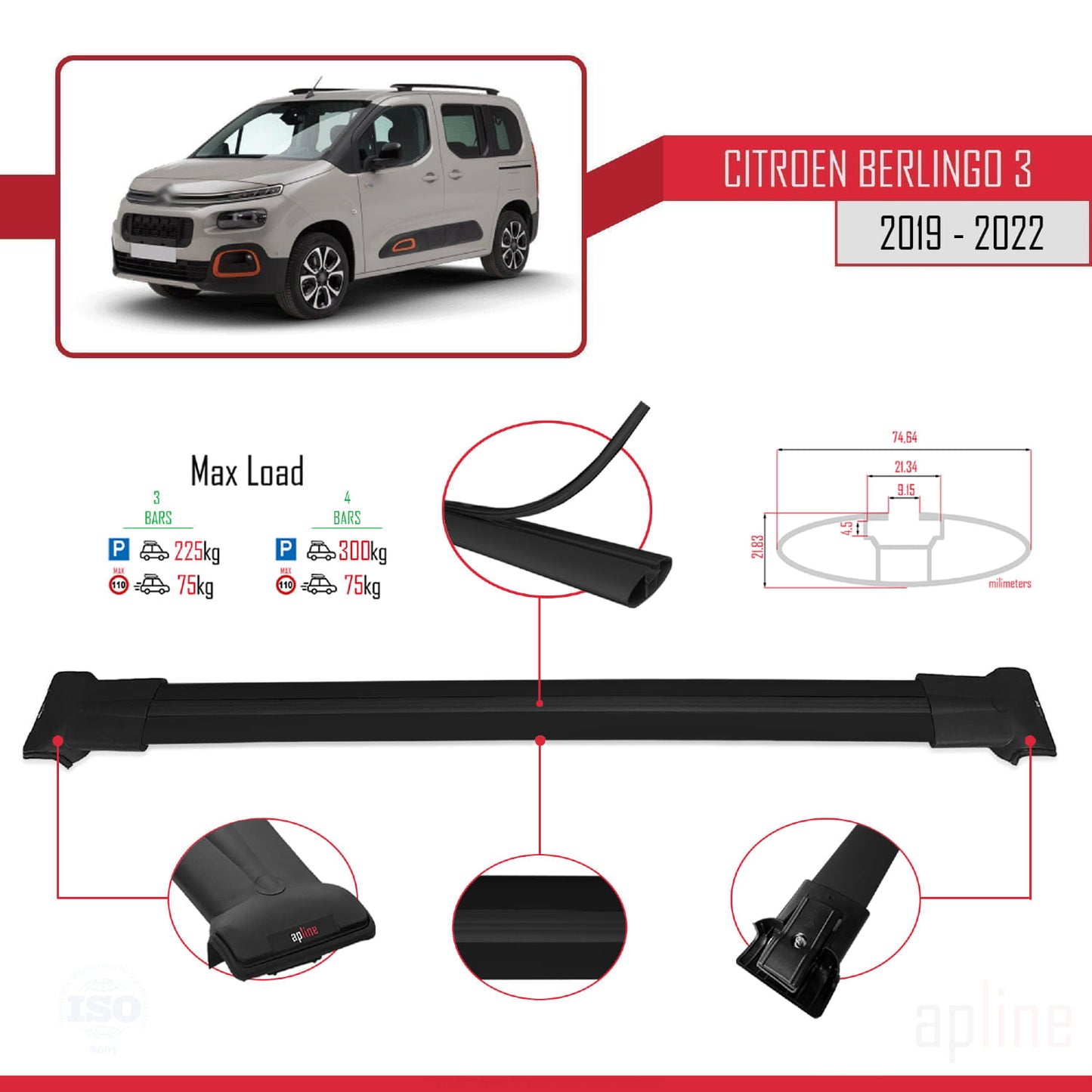 Compatible avec Citroen Berlingo 3 (K9) 2019-2022 FLY Model Barres de Toit Railing Porte-Bagages de Voiture Noir Aluminium 4 Barres
