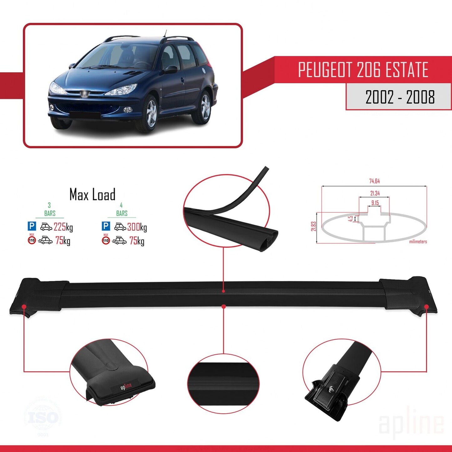 Compatible avec Peugeot 206 Break 2002-2008 FLY Model Barres de Toit Railing Porte-Bagages de Voiture Noir Aluminium 3 Barres