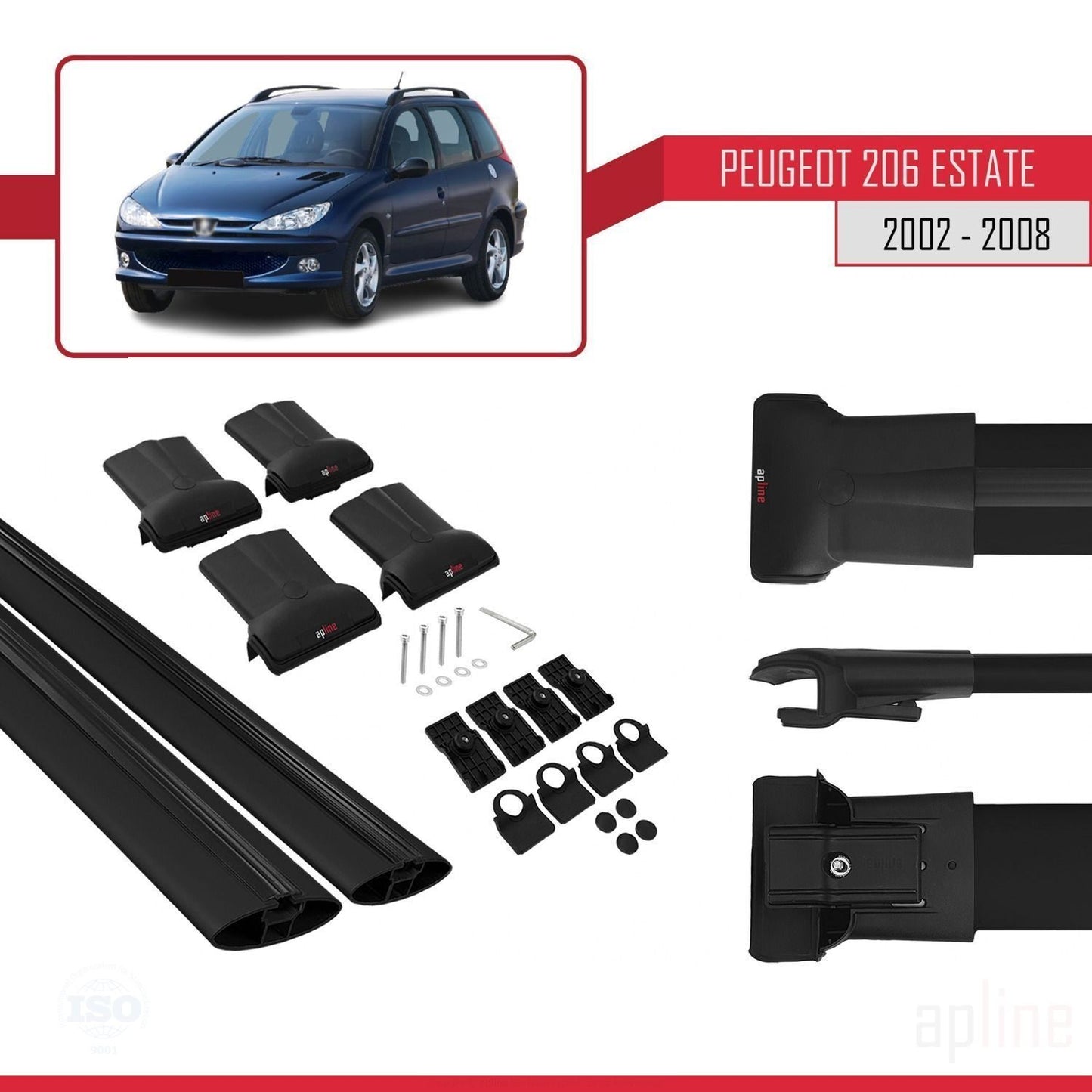 Compatible avec Peugeot 206 Break 2002-2008 FLY Model Barres de Toit Railing Porte-Bagages de Voiture Noir Aluminium 2 Barres