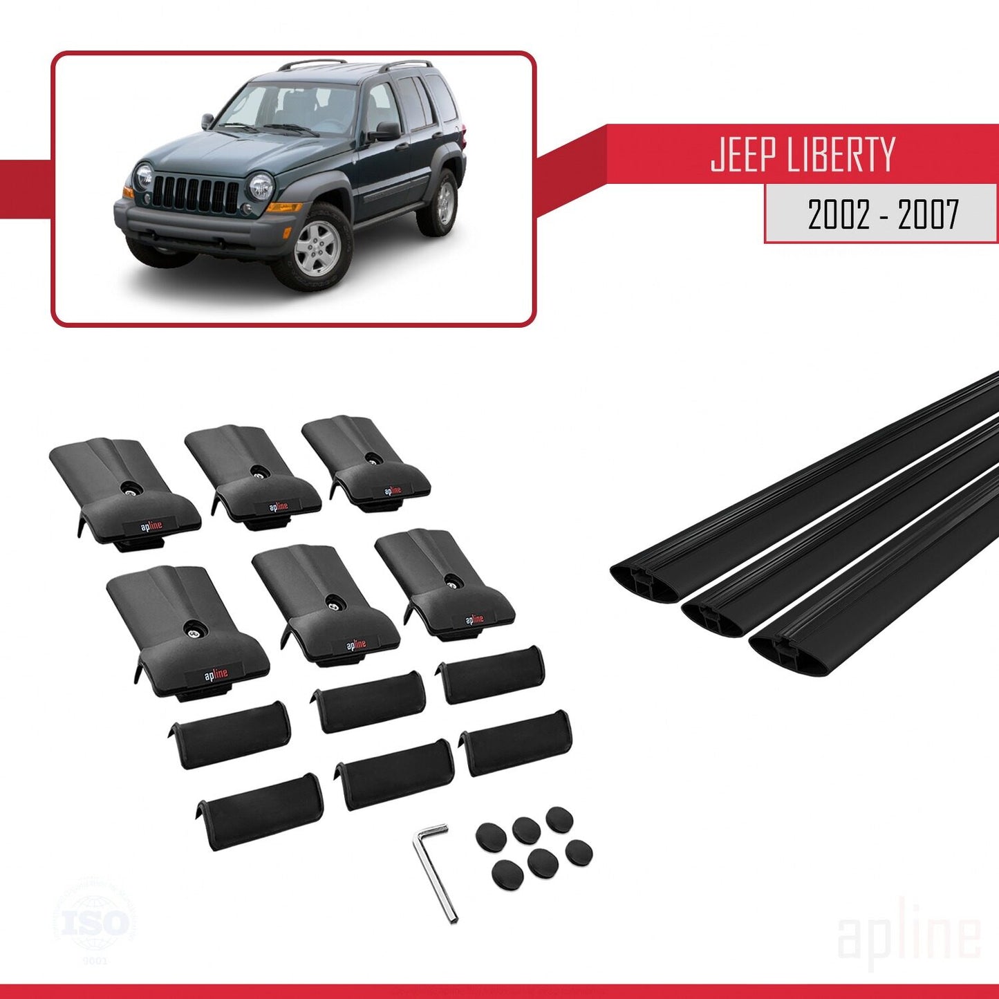 Compatible avec Jeep Liberty 2002-2007 FLY Model Barres de Toit Railing Porte-Bagages de Voiture Noir Aluminium 3 Barres