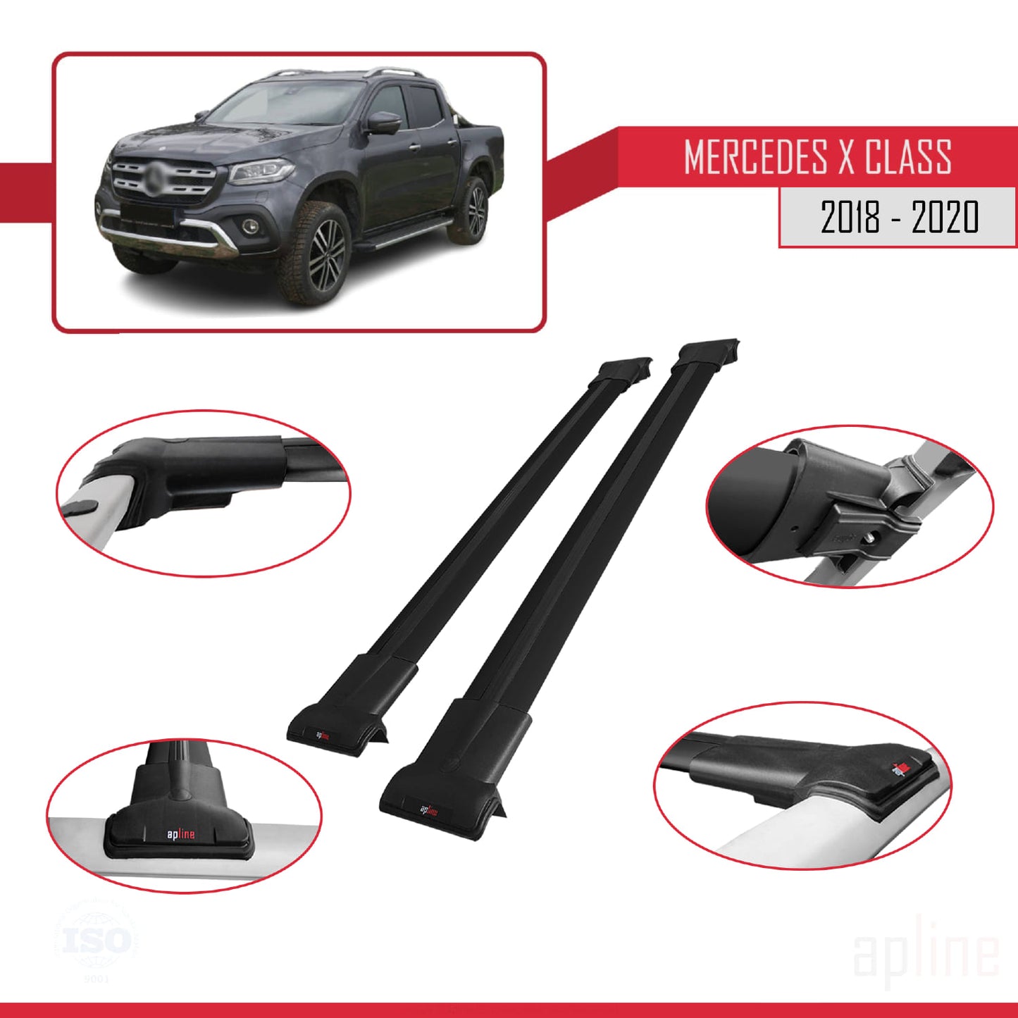 Compatible avec Mercedes Classe X (470) 2018-2020 FLY Model Barres de Toit Railing Porte-Bagages de Voiture Noir Aluminium 2 Barres
