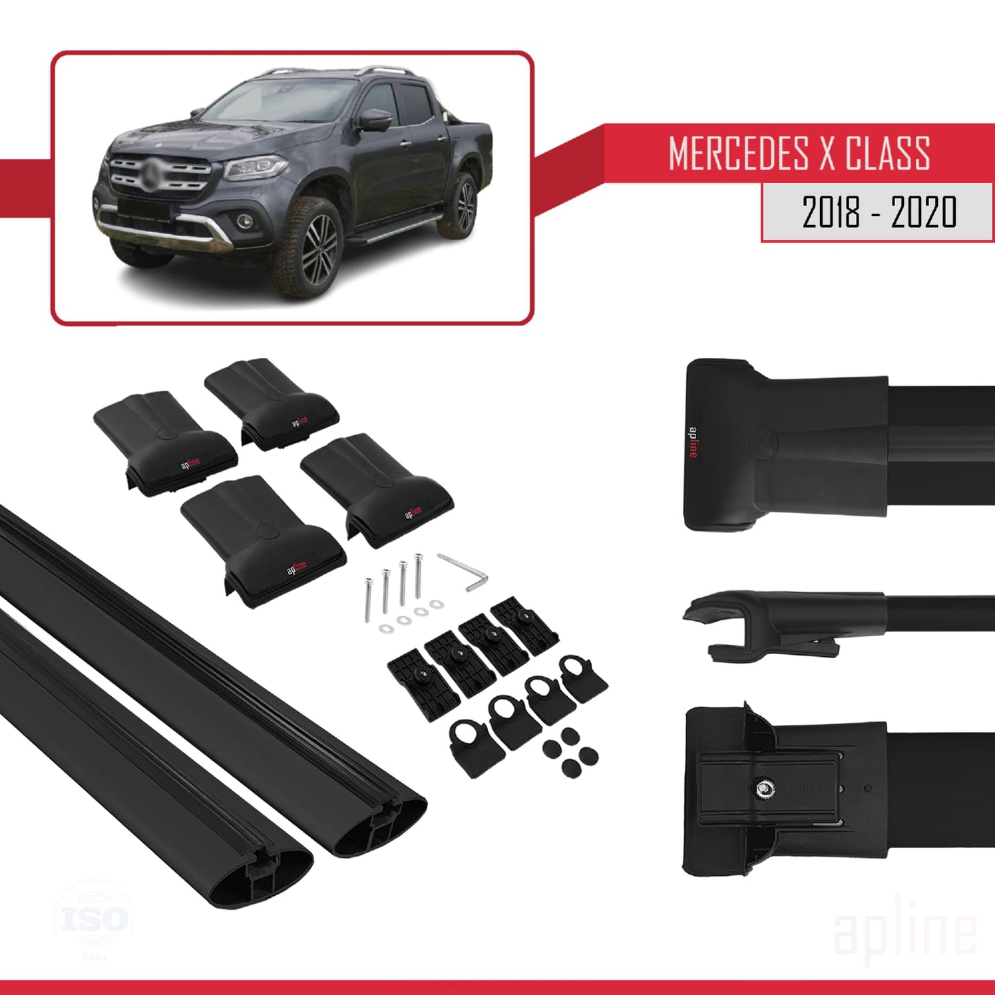 Compatible avec Mercedes Classe X (470) 2018-2020 FLY Model Barres de Toit Railing Porte-Bagages de Voiture Noir Aluminium 2 Barres