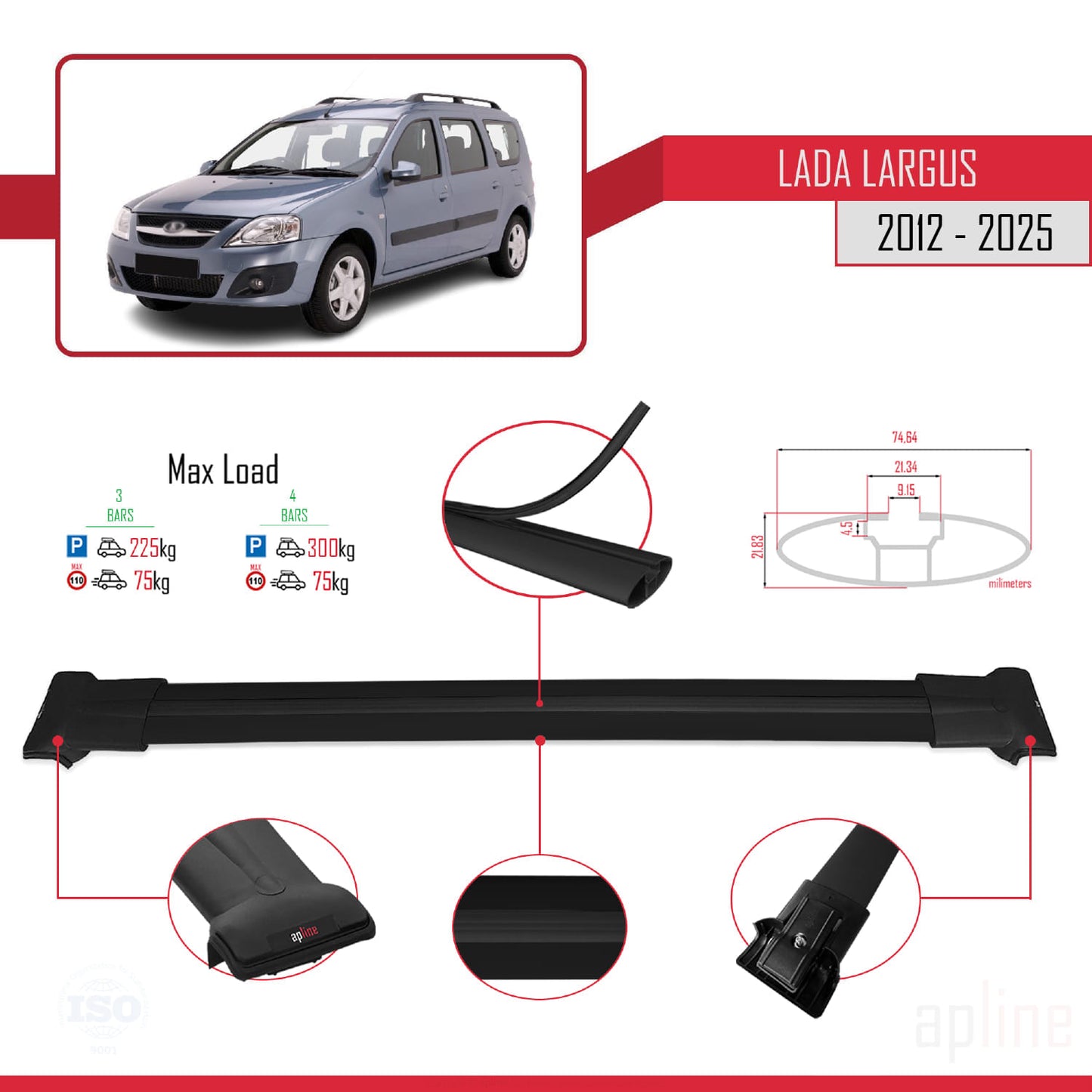 Compatible avec Lada Largus 2012-2025 FLY Model Barres de Toit Railing Porte-Bagages de Voiture Noir Aluminium 3 Barres