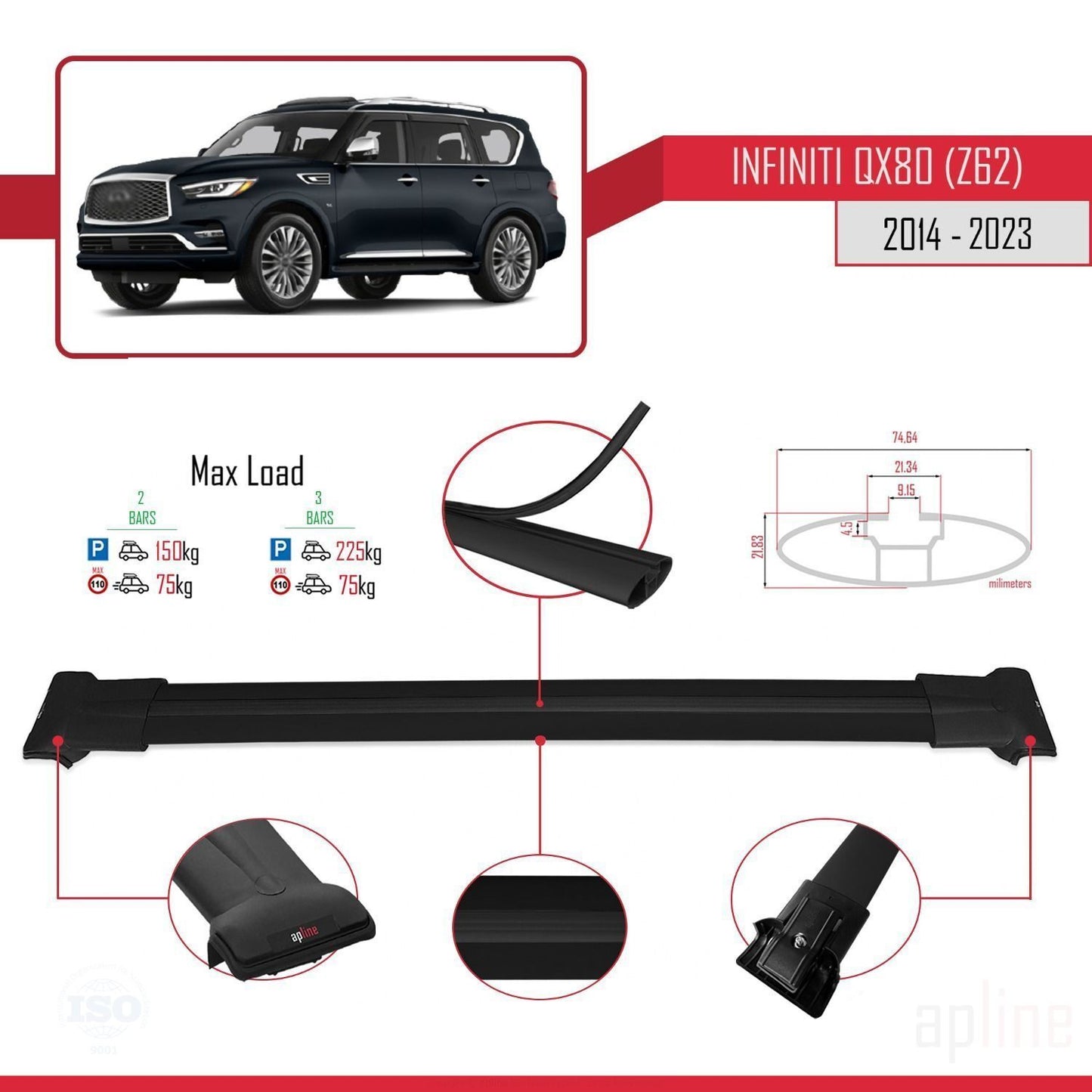 Compatible avec Infiniti QX80 (Z62) 2014-2023 FLY Model Barres de Toit Railing Porte-Bagages de Voiture Noir Aluminium 2 Barres