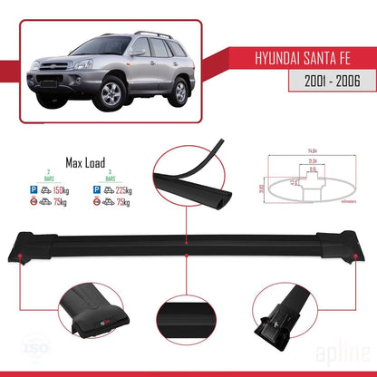 Compatible with Hyundai Santa Fe (SM) 2001-2006 FLY Model Car Roof Rack Cross Bar Black Aluminium 2 Bars