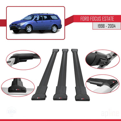 Compatible avec Ford Focus (C170) Break 1998-2004 FLY Model Barres de Toit Railing Porte-Bagages de Voiture Noir Aluminium 3 Barres