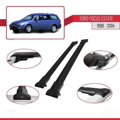Compatible avec Ford Focus (C170) Break 1998-2004 FLY Model Barres de Toit Railing Porte-Bagages de Voiture Noir Aluminium 2 Barres