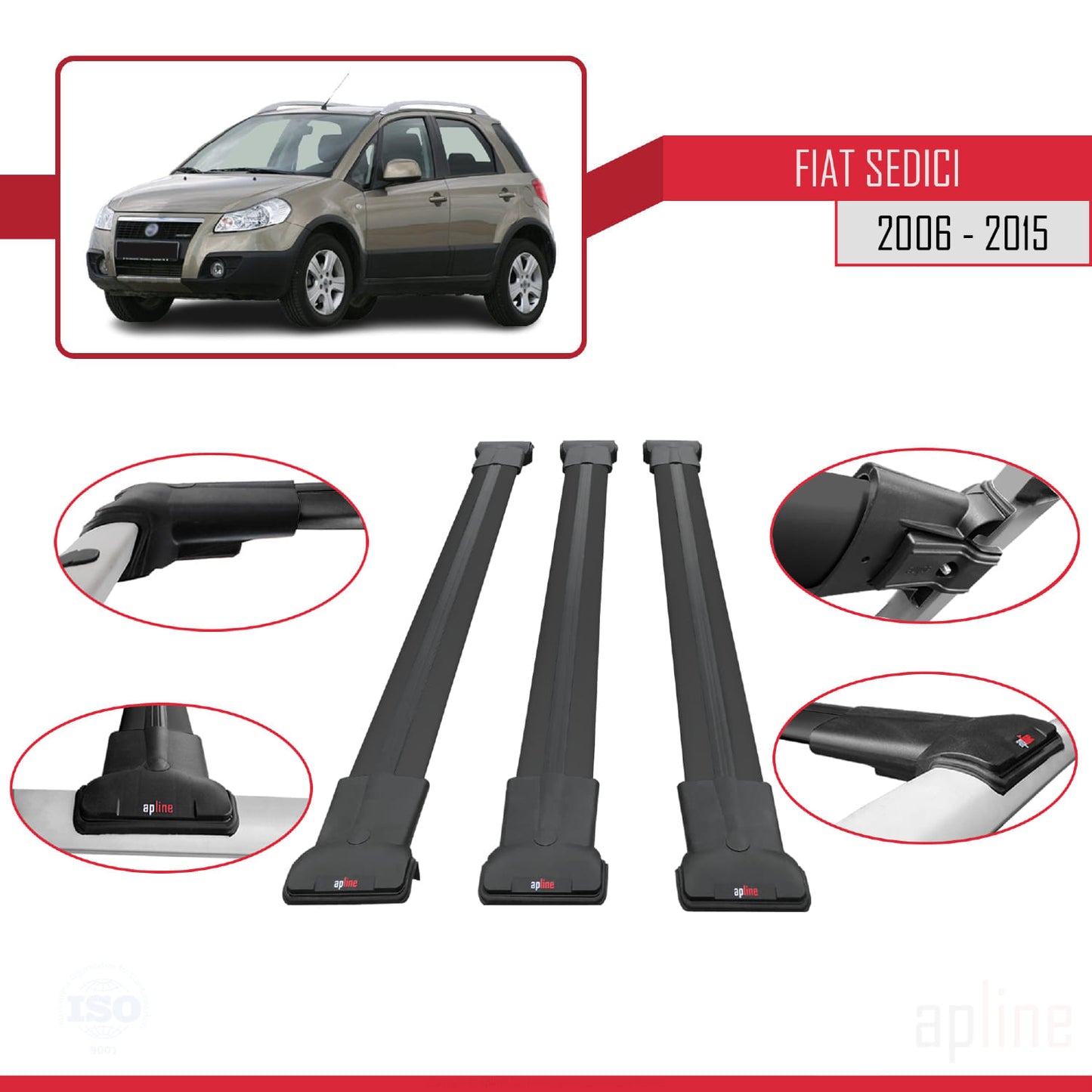Compatible avec Fiat Sedici 2006-2015 FLY Model Barres de Toit Railing Porte-Bagages de Voiture Noir Aluminium 3 Barres