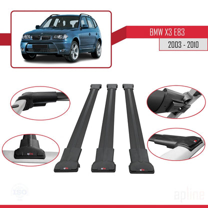 Compatible avec BMW X3 (E83) 2003-2010 FLY Model Barres de Toit Railing Porte-Bagages de Voiture Noir Aluminium 3 Barres
