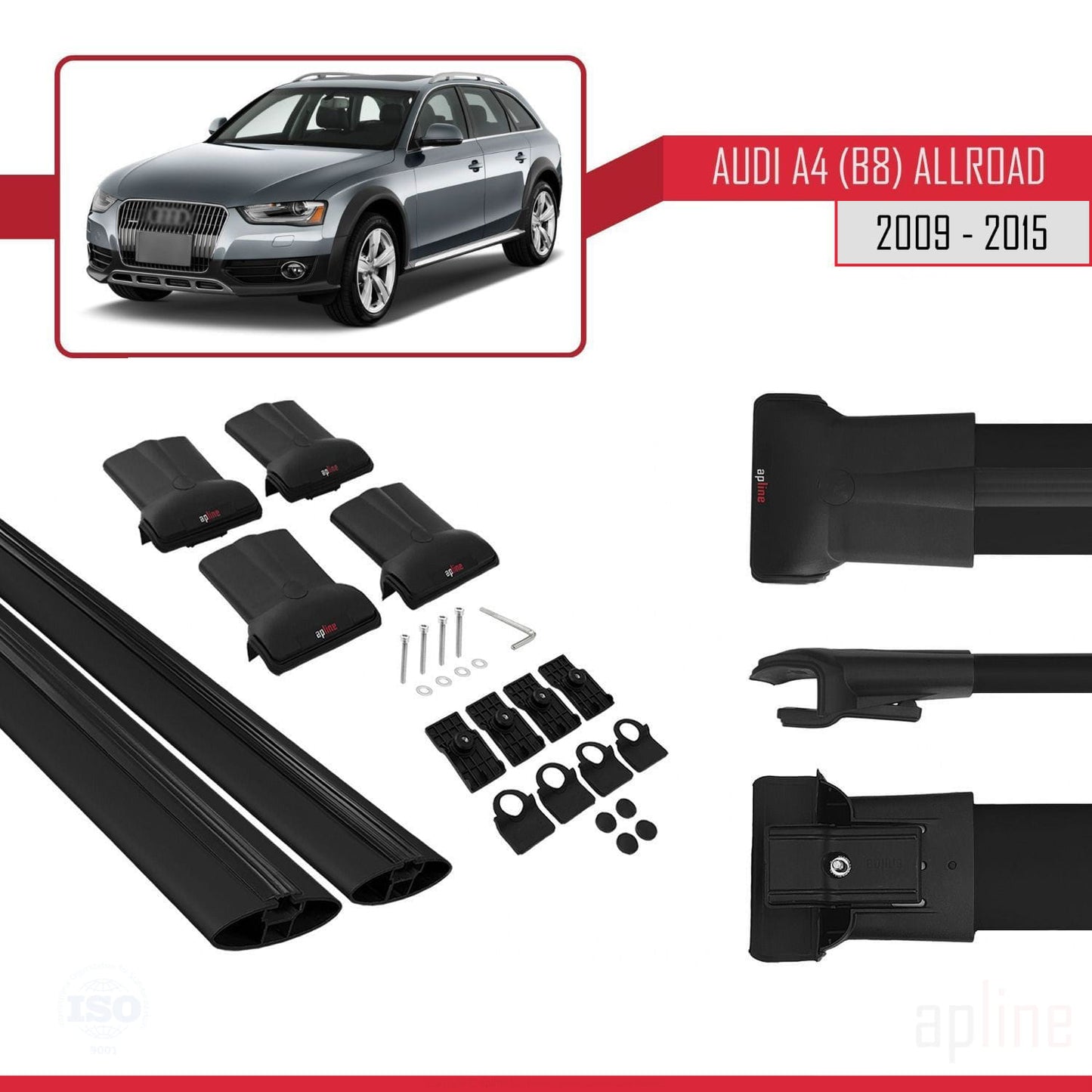 Compatible avec A4 (B8) Allroad 2009-2015 FLY Model Barres de Toit Railing Porte-Bagages de Voiture Noir Aluminium 2 Barres