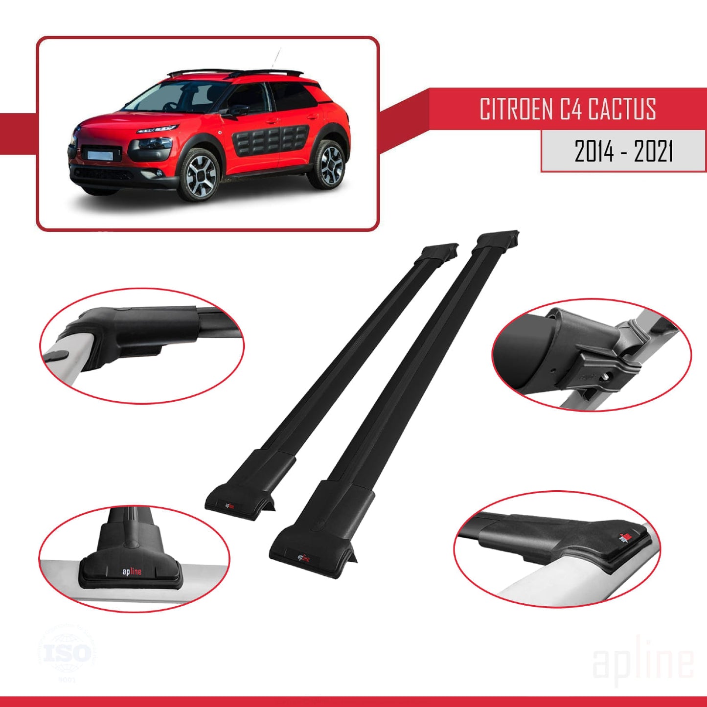 Compatible avec Citroen C4 Cactus 2014-2021 FLY Model Barres de Toit Railing Porte-Bagages de Voiture Noir Aluminium 2 Barres