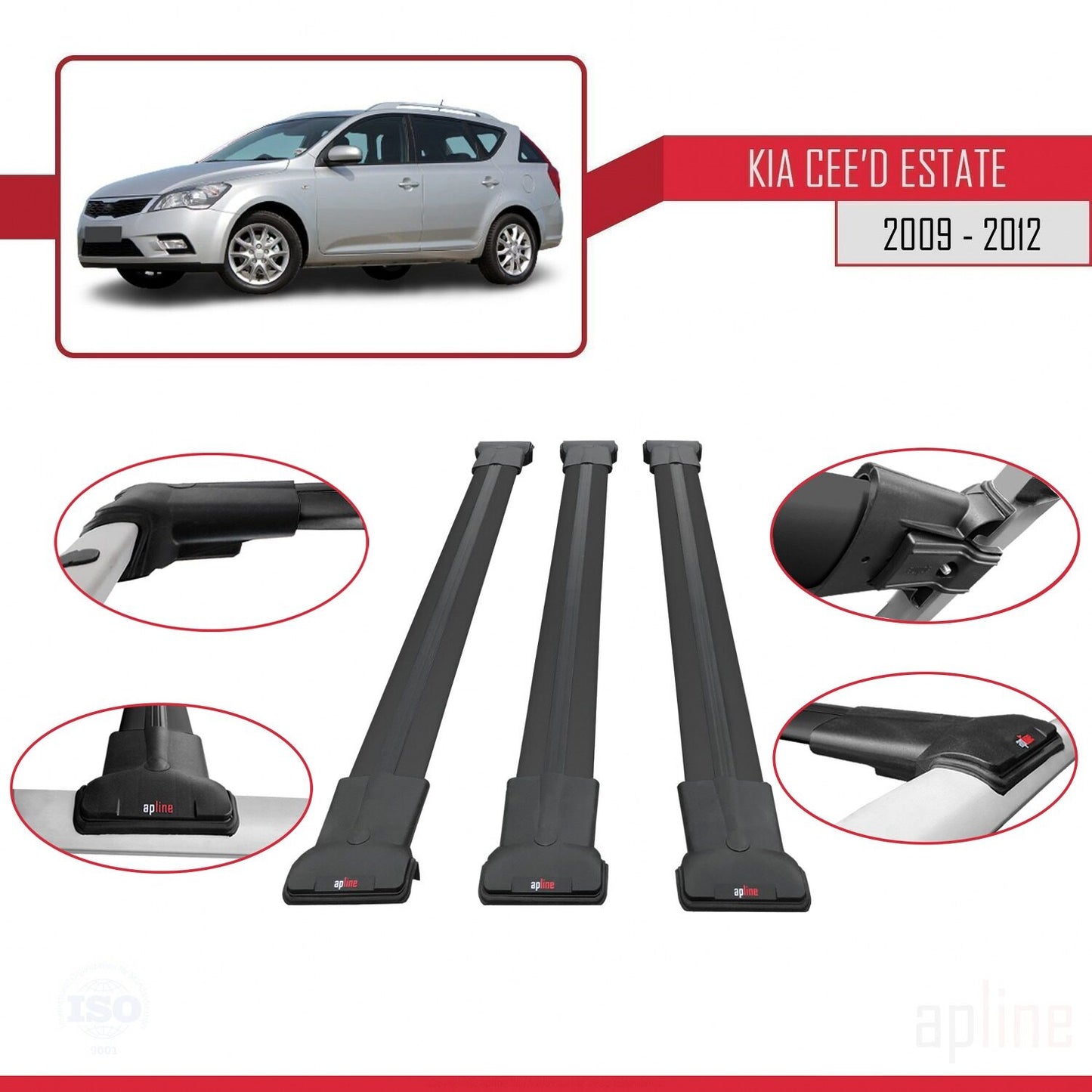 Compatible avec Kia Ceed (ED) Break Post-Facelift 2009-2012 FLY Model Barres de Toit Railing Porte-Bagages de Voiture Noir Aluminium 3 Barres