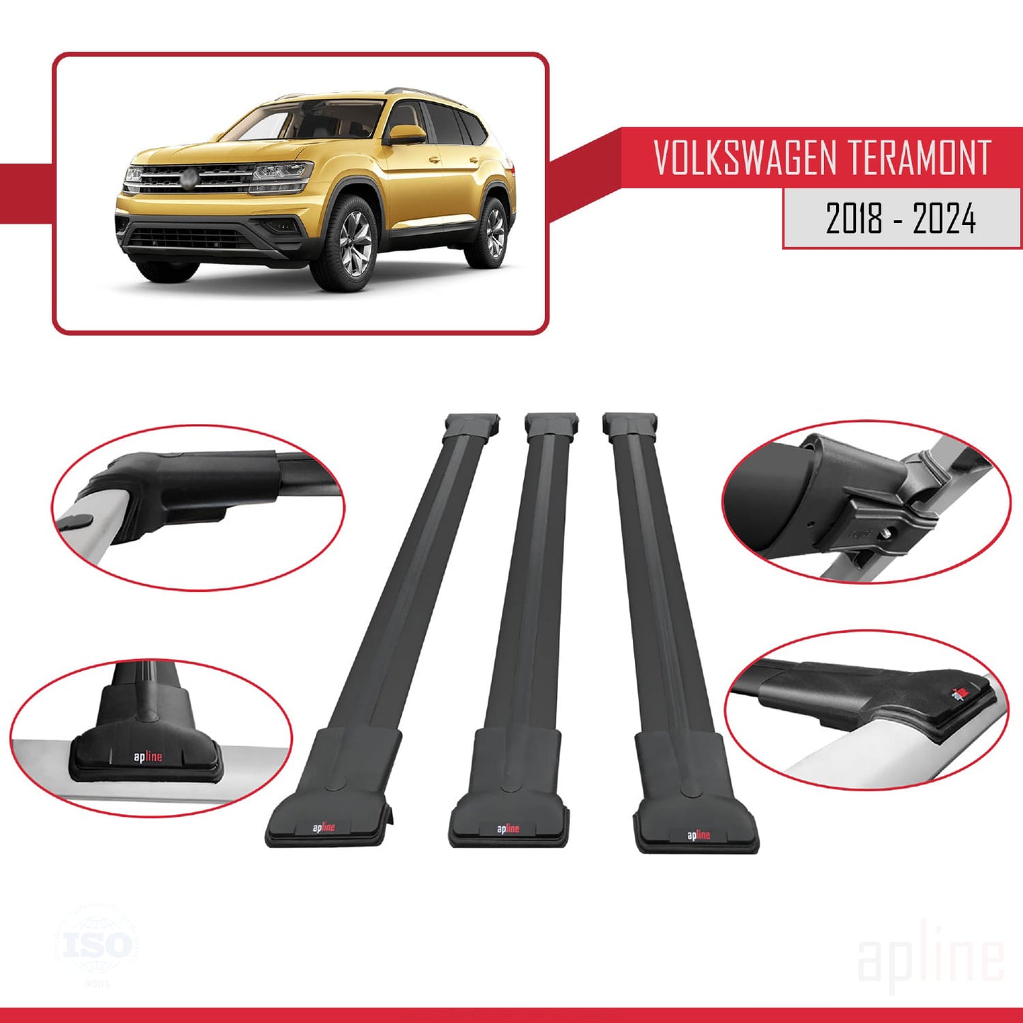 Compatible avec Volkswagen Teramont (CA1) 2018-2024 FLY Model Barres de Toit Railing Porte-Bagages de Voiture Noir Aluminium 3 Barres