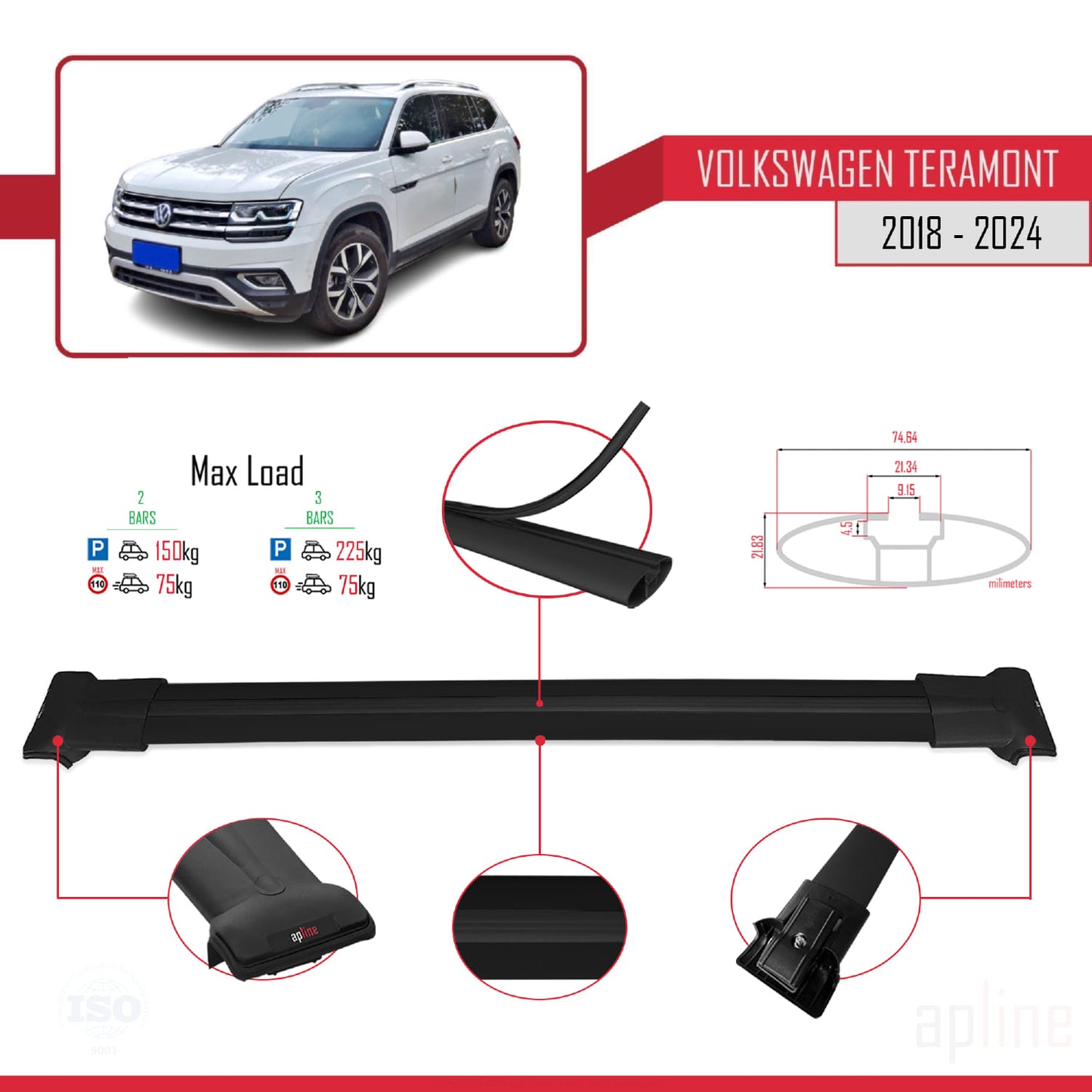 Compatible avec Volkswagen Teramont (CA1) 2018-2024 FLY Model Barres de Toit Railing Porte-Bagages de Voiture Noir Aluminium 2 Barres
