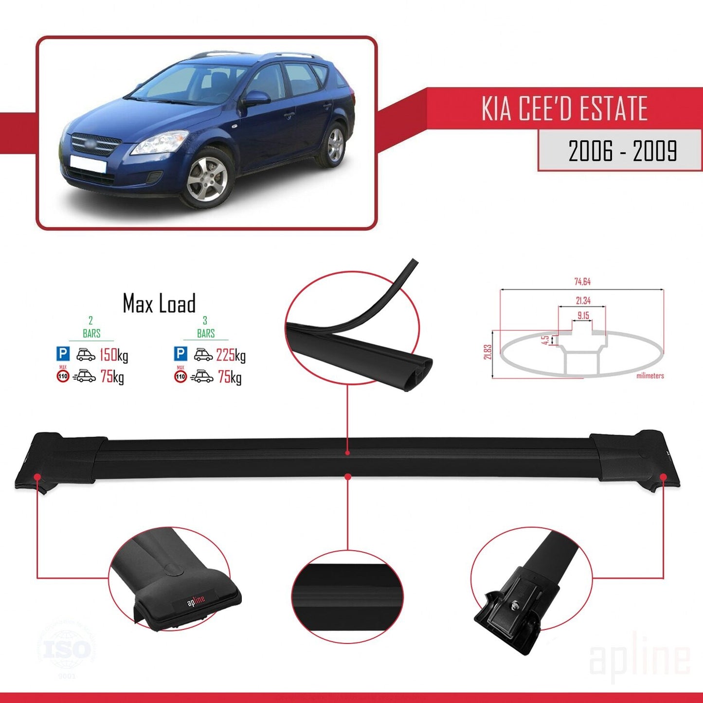 Compatible avec Kia Ceed (ED) Break Post-Facelift 2009-2012 FLY Model Barres de Toit Railing Porte-Bagages de Voiture Noir Aluminium 2 Barres