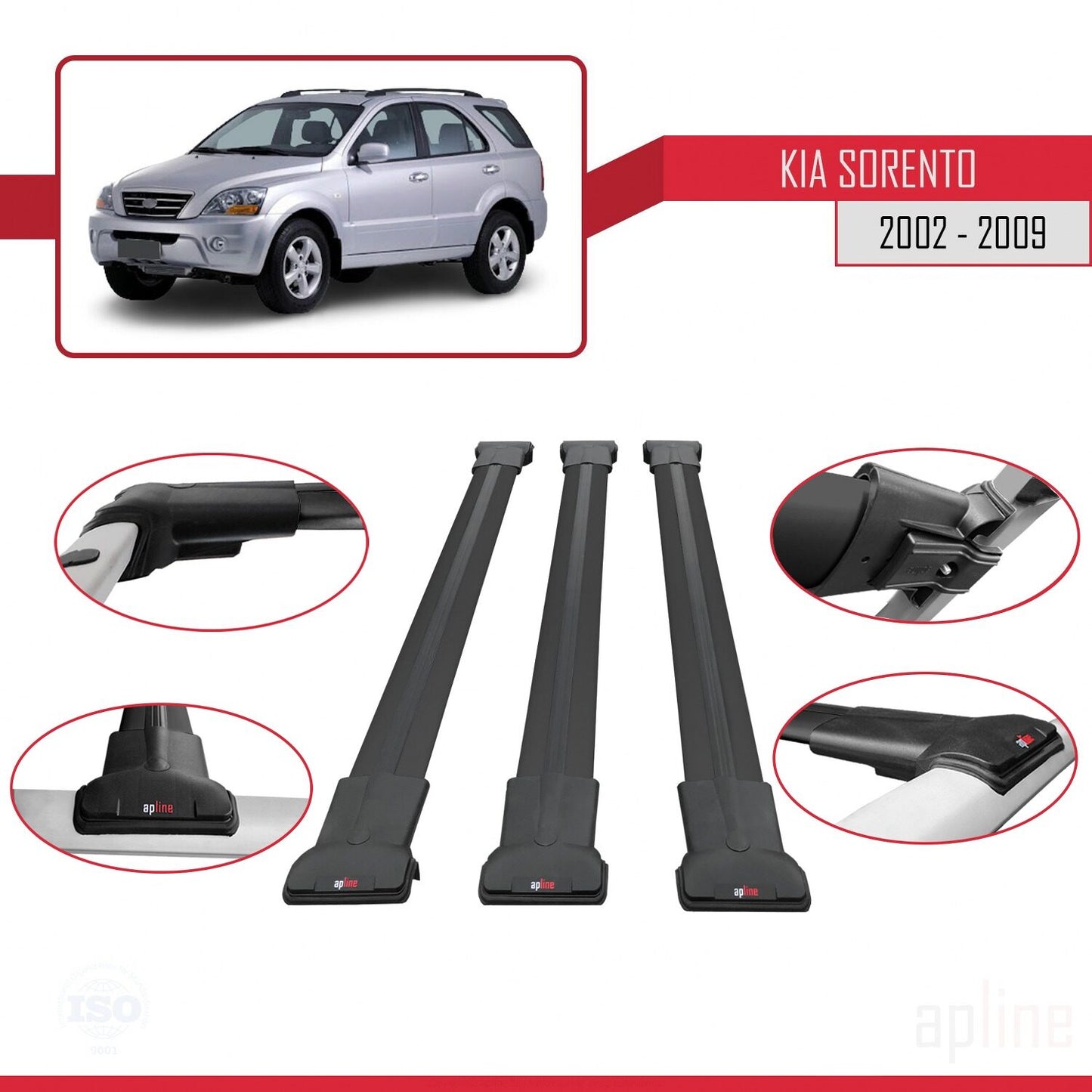Compatible avec Kia Sorento (BL) 2002-2009 FLY Model Barres de Toit Railing Porte-Bagages de Voiture Noir Aluminium 3 Barres