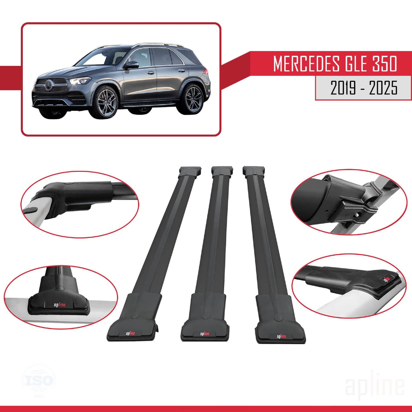 Compatible avec Mercedes Classe GLE 4 (V167) 2019-2025 FLY Model Barres de Toit Railing Porte-Bagages de Voiture Noir Aluminium 3 Barres