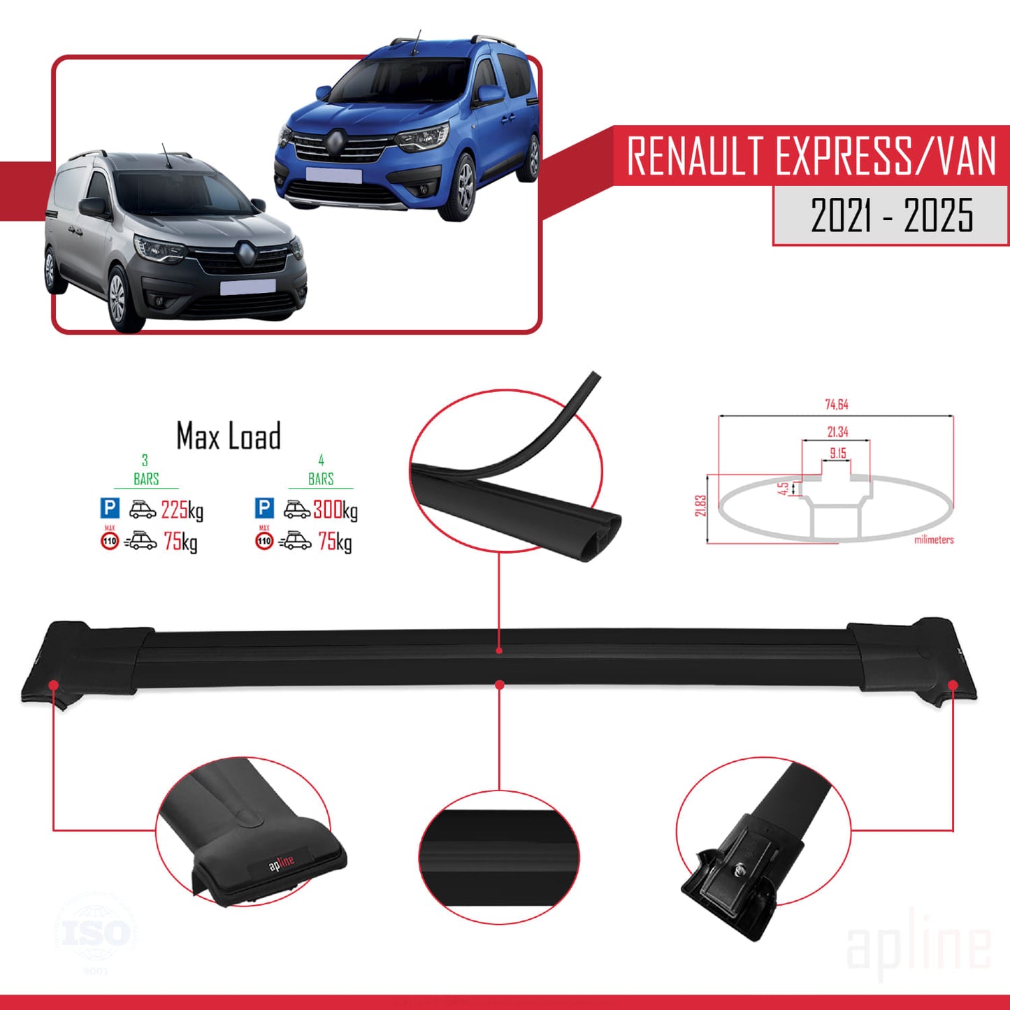 Compatible avec Renault Express 2021-2025 FLY Model Barres de Toit Railing Porte-Bagages de Voiture Noir Aluminium 4 Barres