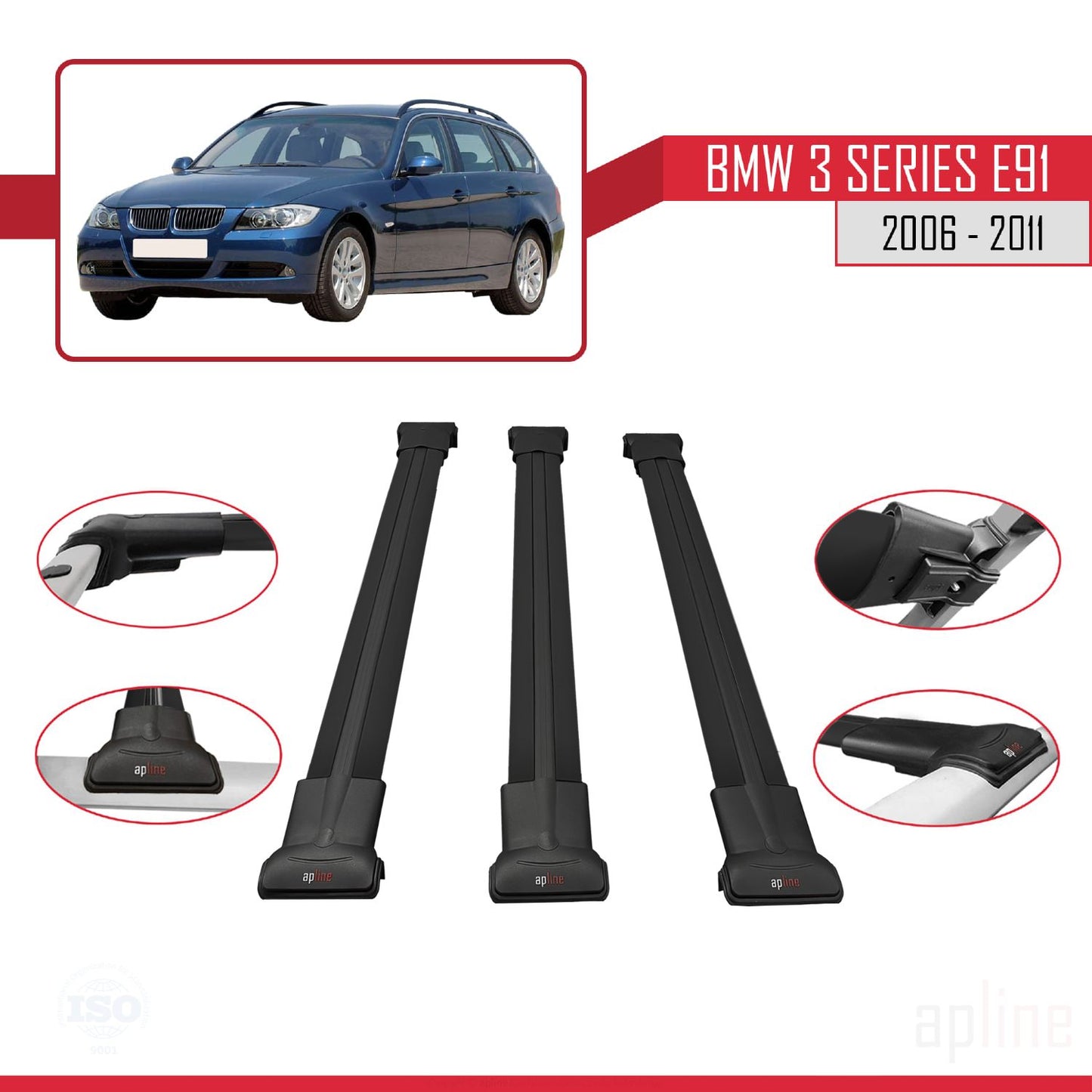 Compatible avec BMW 3 Series E91 Touring 2006-2011 FLY Model Barres de Toit Railing Porte-Bagages de Voiture Noir Aluminium 3 Barres
