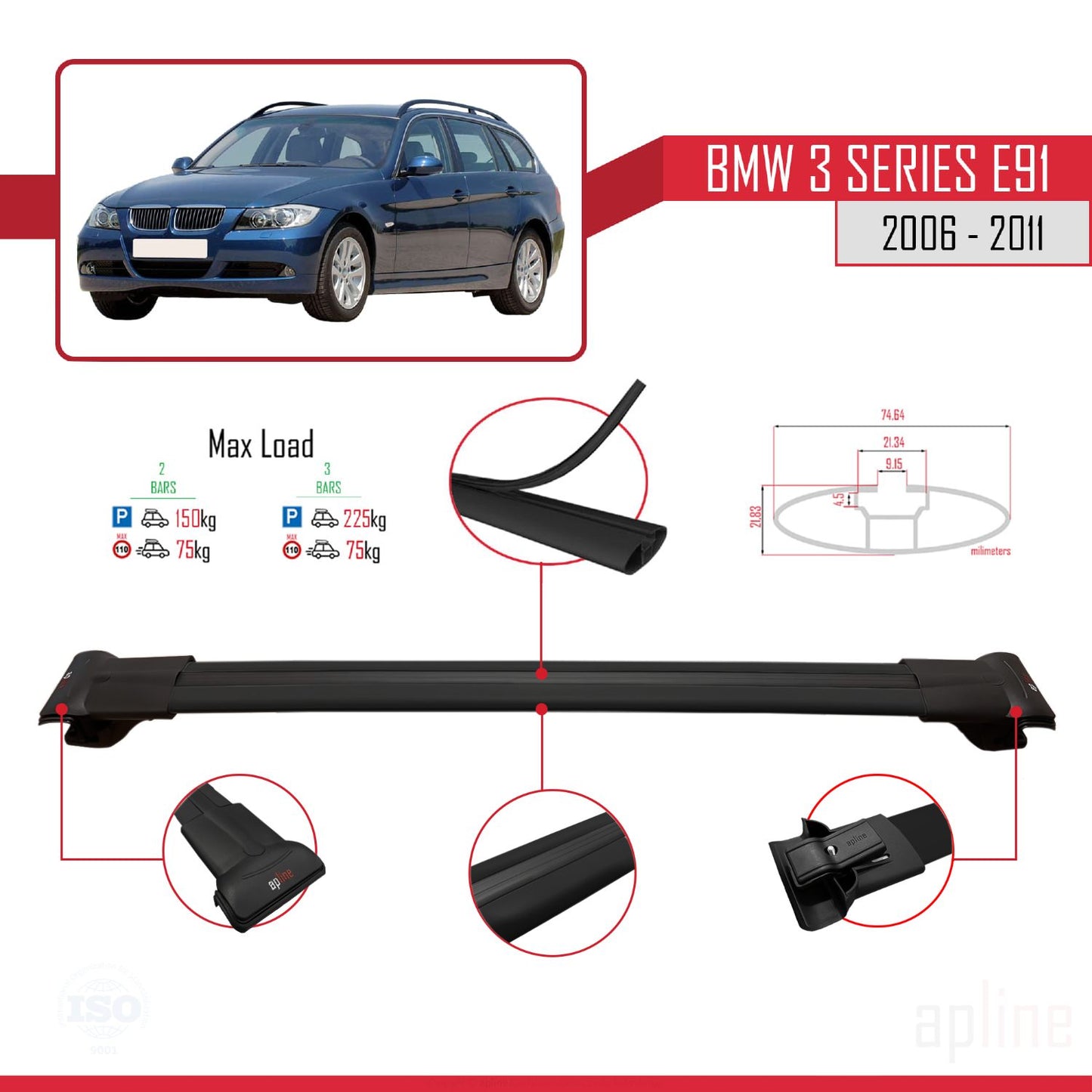 Compatible avec BMW 3 Series E91 Touring 2006-2011 FLY Model Barres de Toit Railing Porte-Bagages de Voiture Noir Aluminium 2 Barres