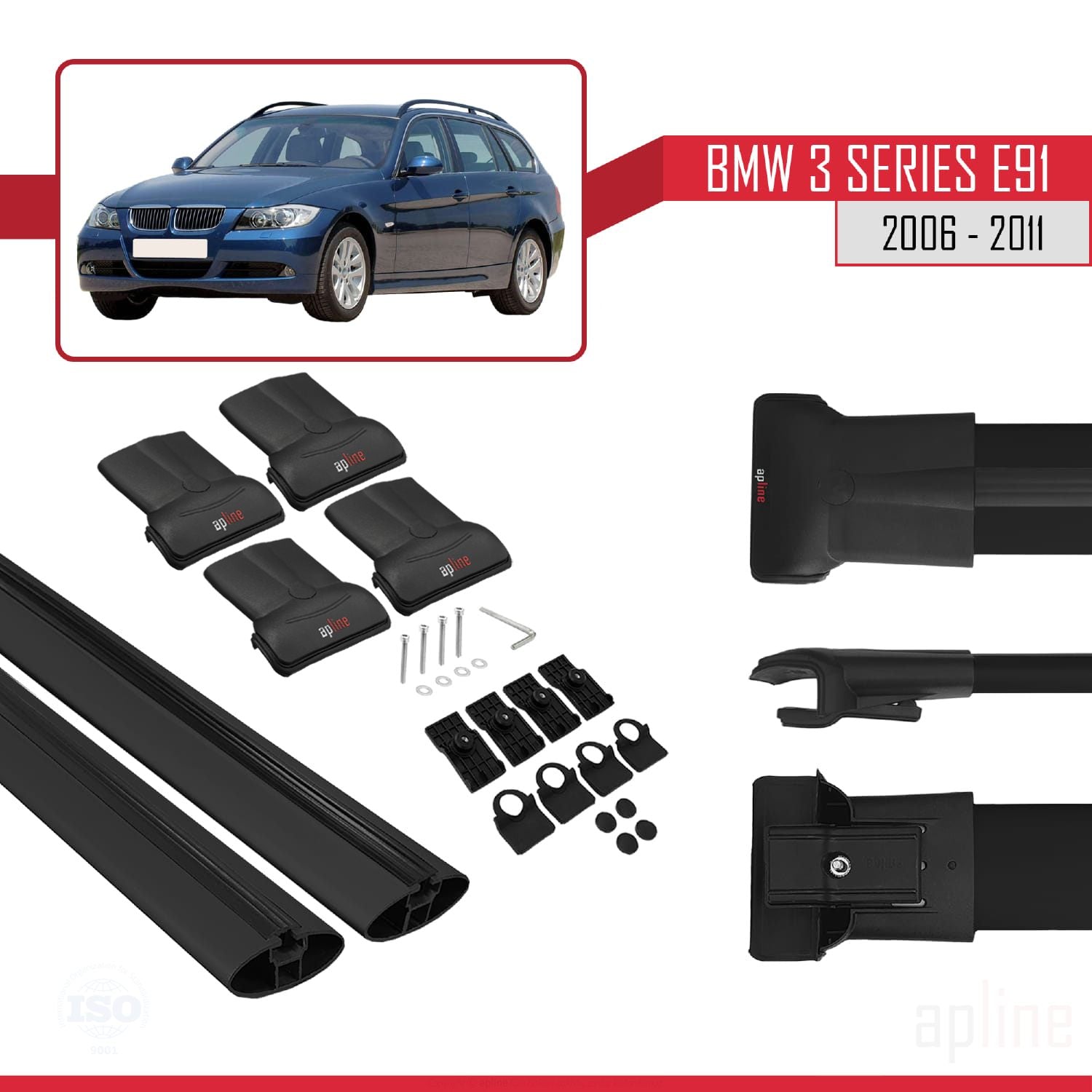 Compatible avec BMW 3 Series E91 Touring 2006-2011 FLY Model Barres de Toit Railing Porte-Bagages de Voiture Noir Aluminium 2 Barres