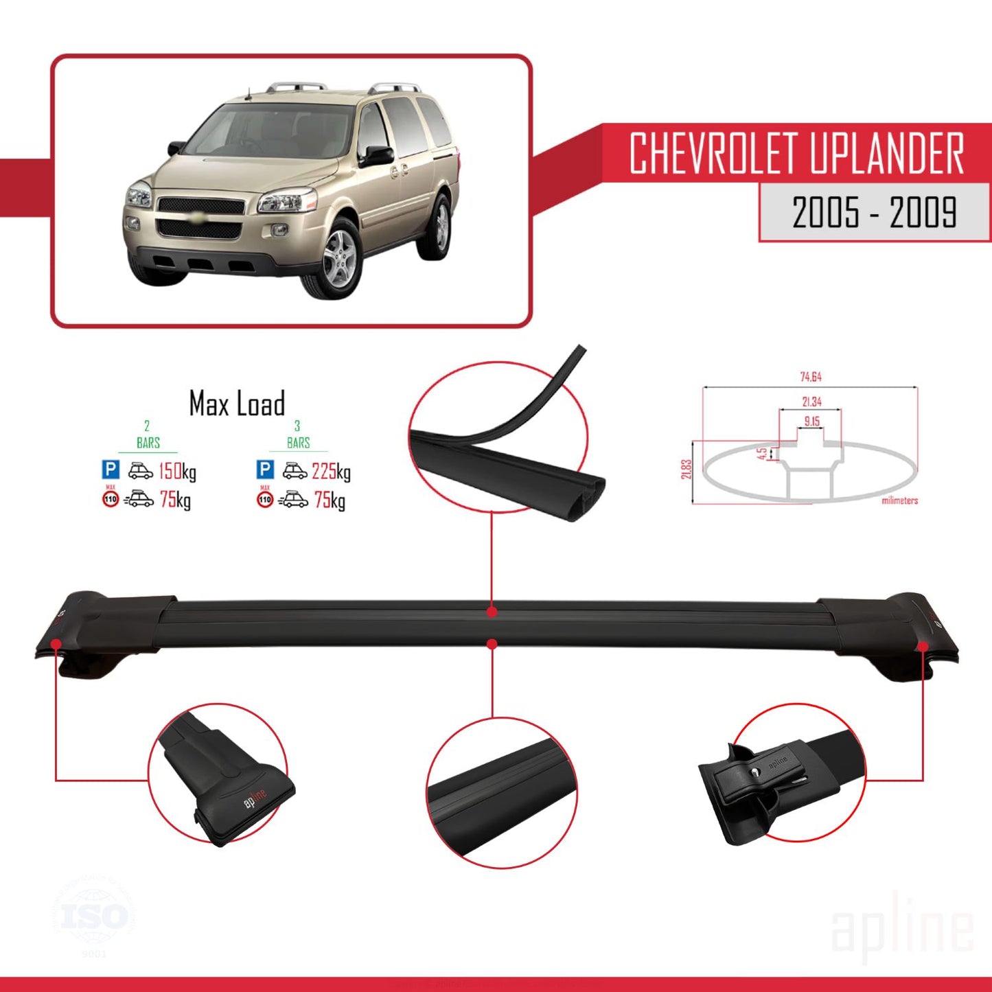 Compatible avec Chevrolet Uplander 2005-2009 FLY Model Barres de Toit Railing Porte-Bagages de Voiture Noir Aluminium 3 Barres