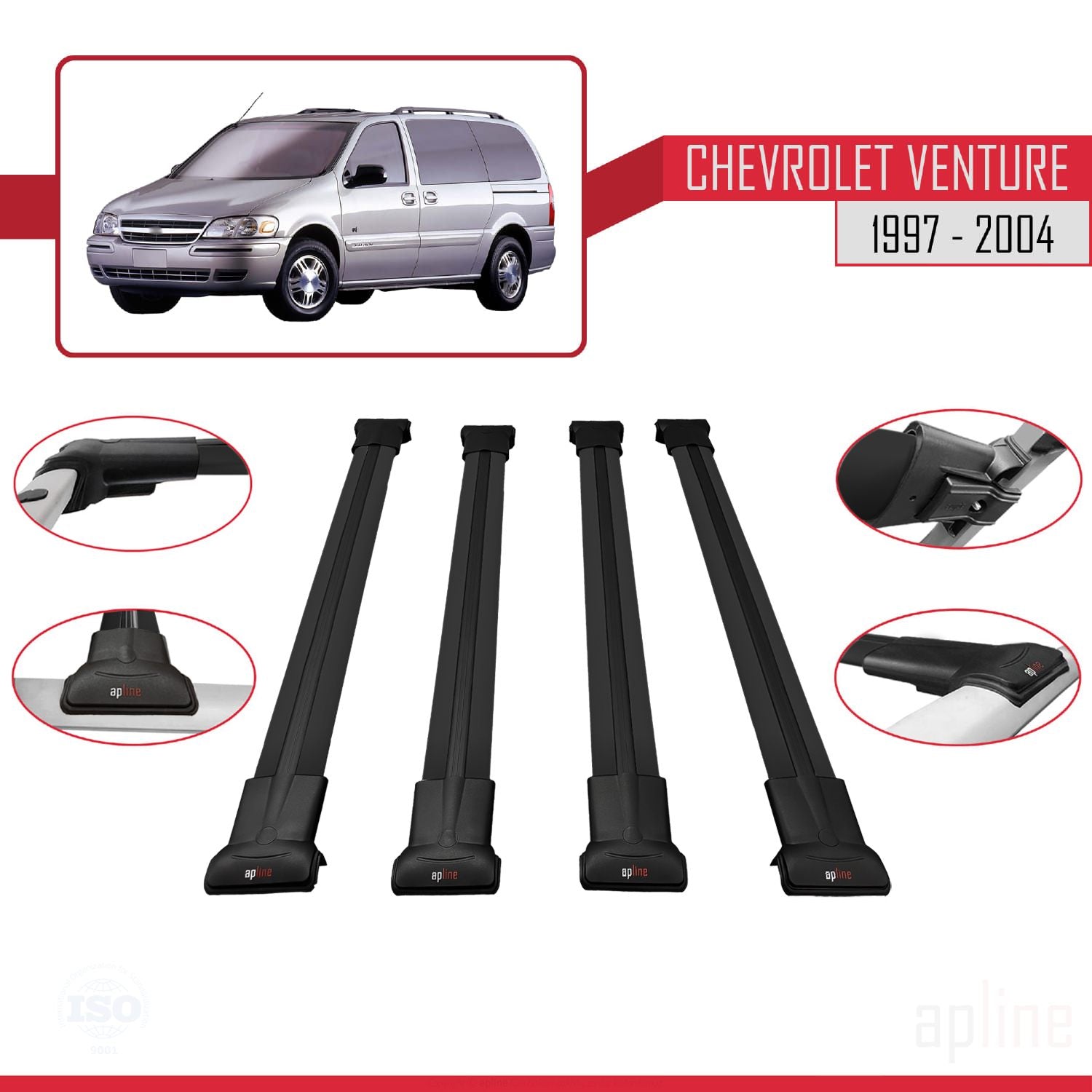 Compatible avec Chevrolet Venture 1997-2004 FLY Model Barres de Toit Railing Porte-Bagages de Voiture Noir Aluminium 4 Barres