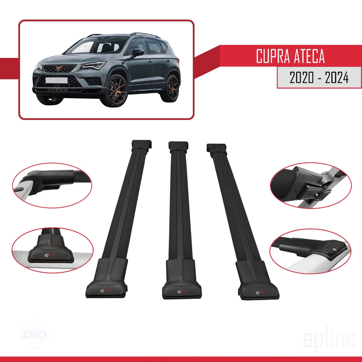 Compatible avec Cupra Ateca 2020-2024 FLY Model Barres de Toit Railing Porte-Bagages de Voiture Noir Aluminium 3 Barres