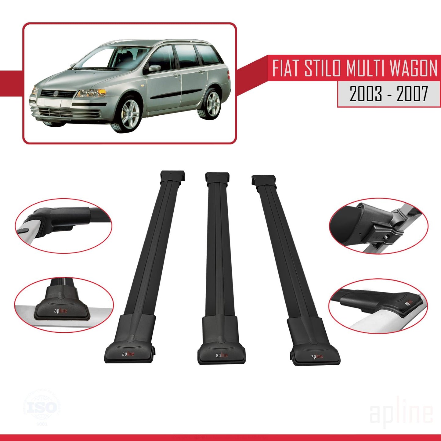 Compatible avec Fiat Stilo Multi Wagon 2003-2007 FLY Model Barres de Toit Railing Porte-Bagages de Voiture Noir Aluminium 3 Barres