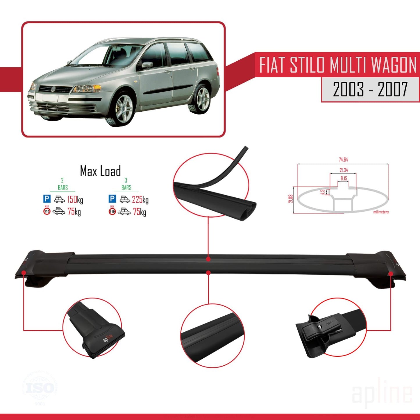Compatible avec Fiat Stilo Multi Wagon 2003-2007 FLY Model Barres de Toit Railing Porte-Bagages de Voiture Noir Aluminium 3 Barres