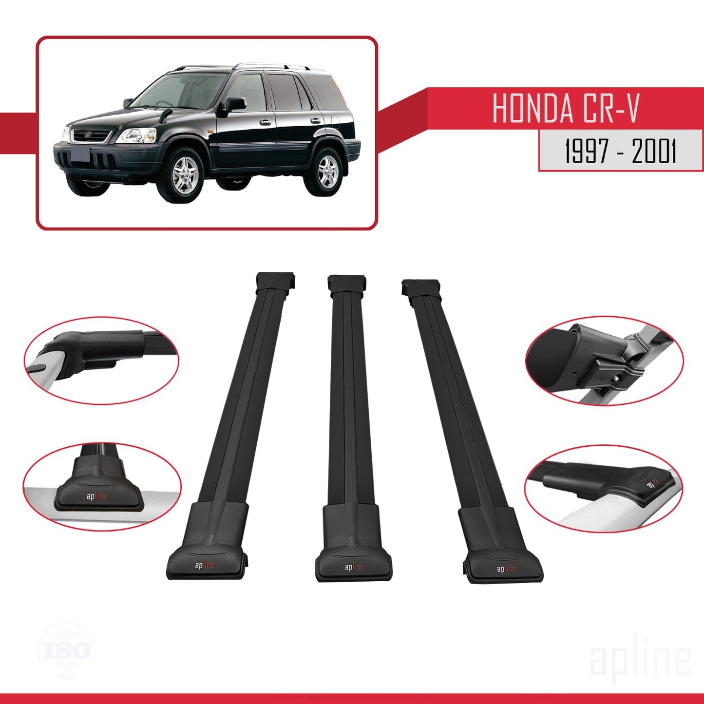 Compatible avec Honda CR-V 1997-2001 FLY Model Barres de Toit Railing Porte-Bagages de Voiture Noir Aluminium 3 Barres