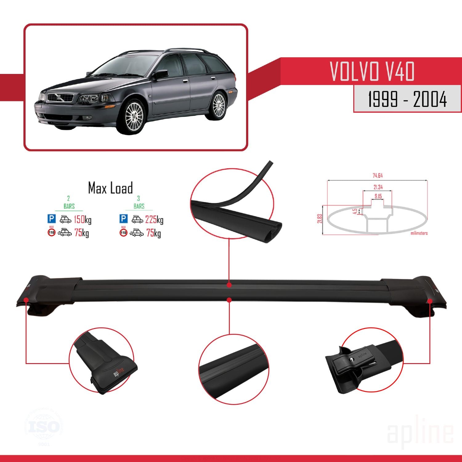 Compatible avec Volvo V40 1999-2004 FLY Model Barres de Toit Railing Porte-Bagages de Voiture Noir Aluminium 3 Barres