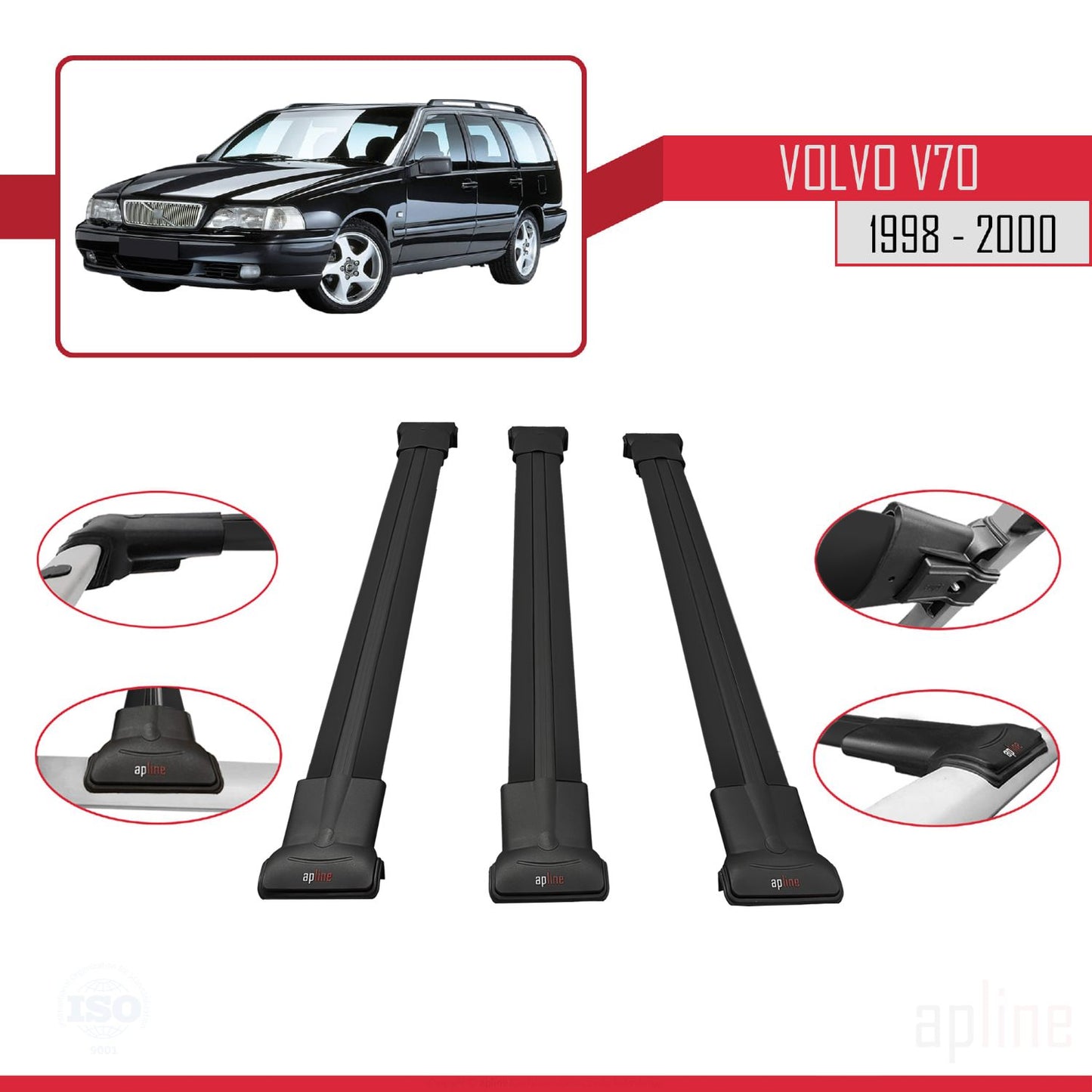 Compatible avec Volvo V70 1998-2000 FLY Model Barres de Toit Railing Porte-Bagages de Voiture Noir Aluminium 3 Barres