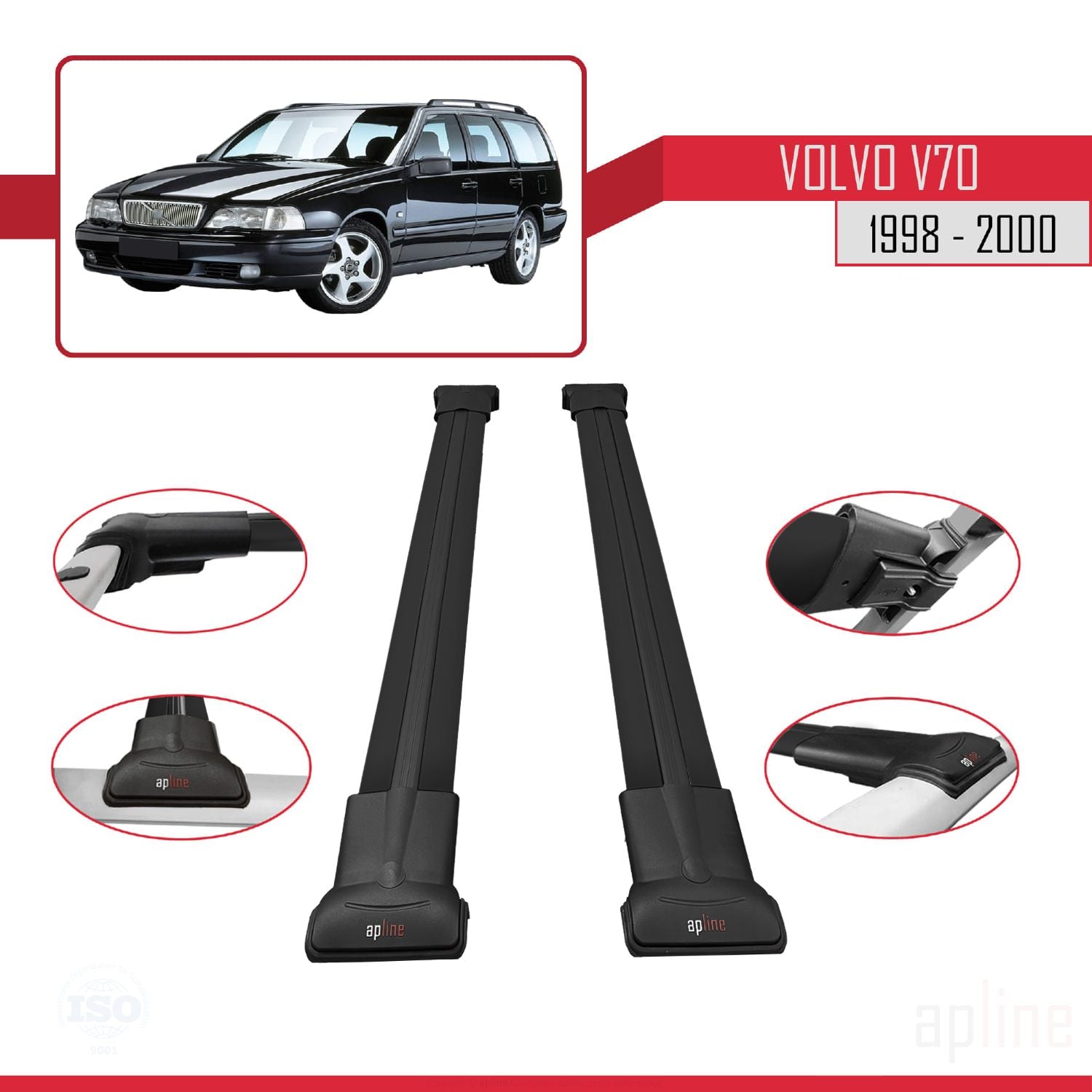 Compatible avec Volvo V70 1998-2000 FLY Model Barres de Toit Railing Porte-Bagages de Voiture Noir Aluminium 2 Barres