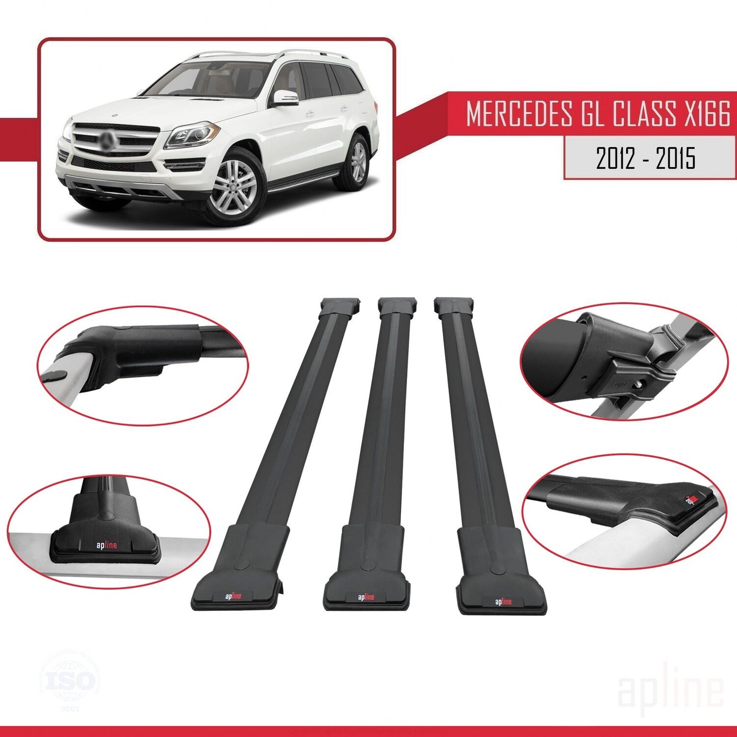 Compatible avec Mercedes Classe GL 2 (X166) Pre-Facelift 2013-2015 FLY Model Barres de Toit Railing Porte-Bagages de Voiture Noir Aluminium 3 Barres