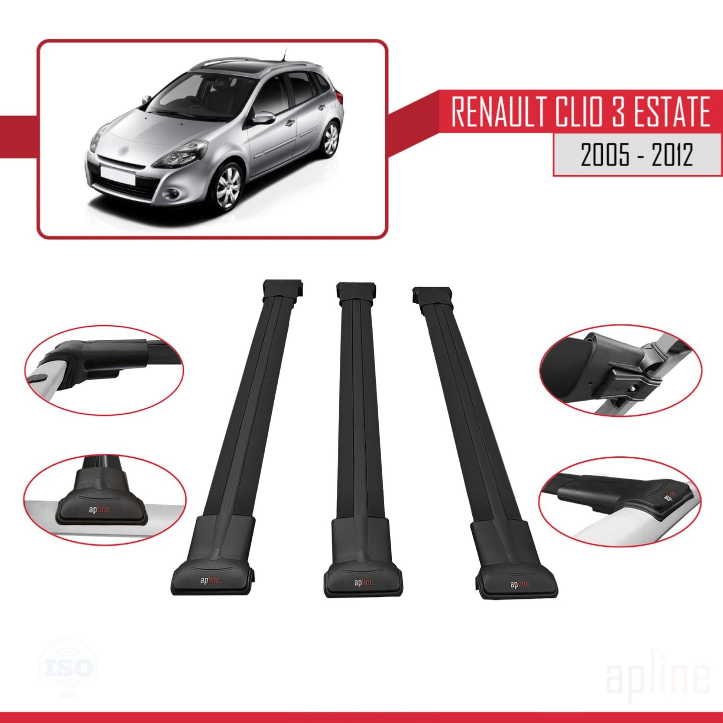 Compatible avec Renault Clio 3 Estate 2005-2012 FLY Model Barres de Toit Railing Porte-Bagages de Voiture Noir Aluminium 3 Barres