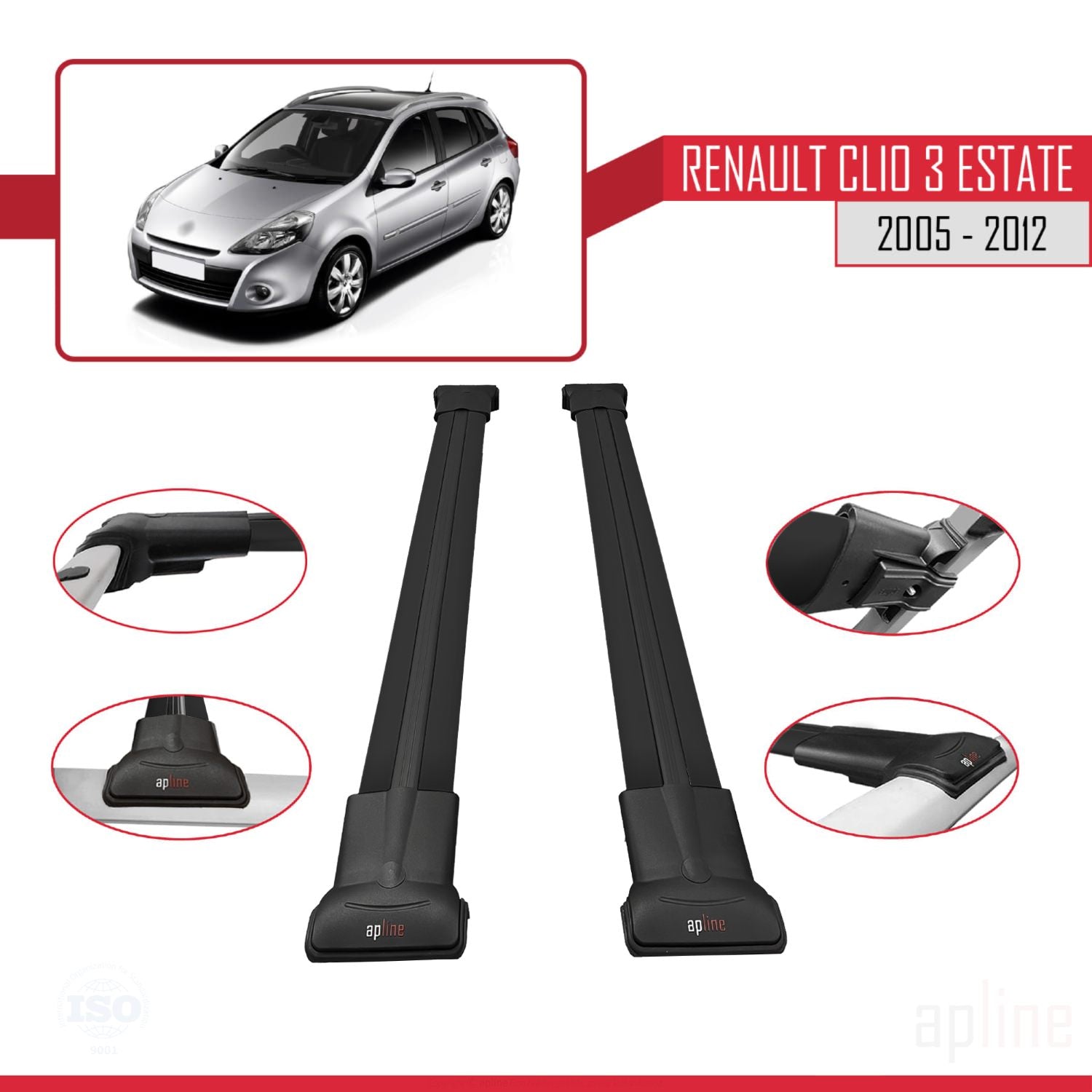 Compatible avec Renault Clio 3 Estate 2005-2012 FLY Model Barres de Toit Railing Porte-Bagages de Voiture Noir Aluminium 2 Barres