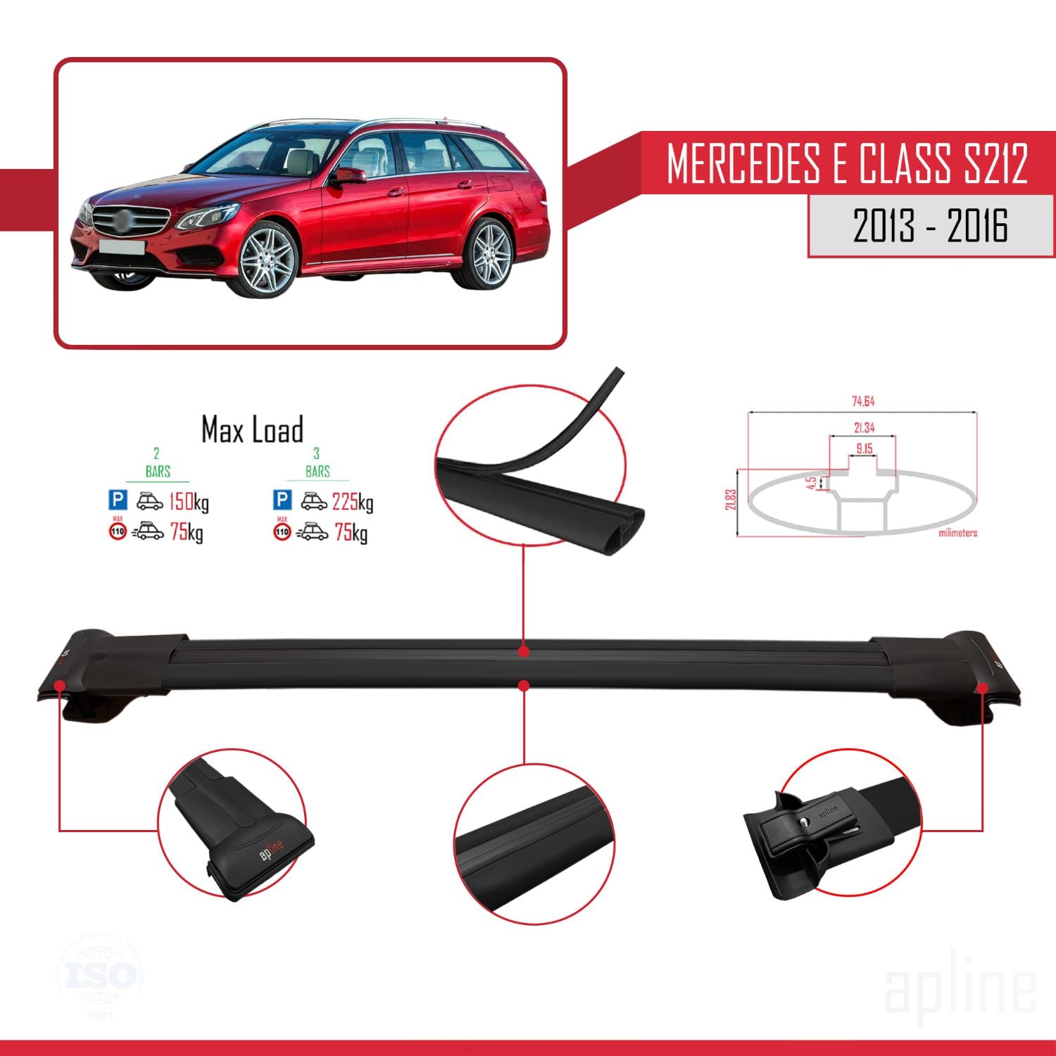 Compatible avec Mercedes E Class S212 2013-2016 FLY Model Barres de Toit Railing Porte-Bagages de Voiture Noir Aluminium 2 Barres