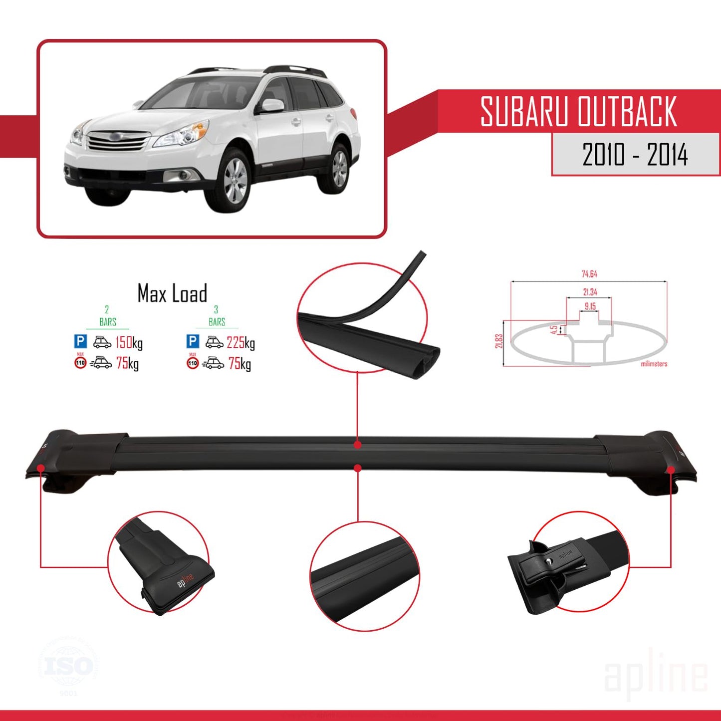 Compatible avec Subaru Outback 2010-2014 FLY Model Barres de Toit Railing Porte-Bagages de Voiture Noir Aluminium 3 Barres