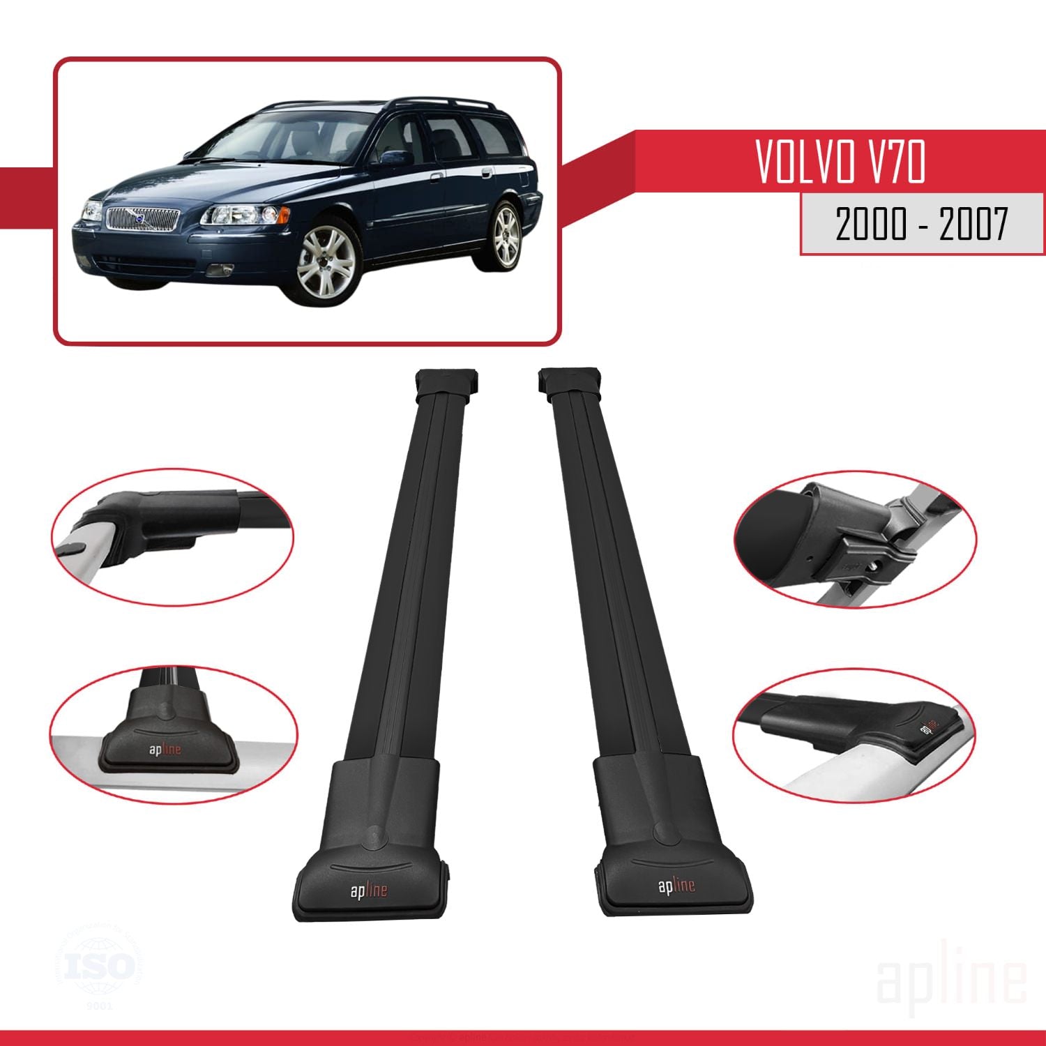 Compatible avec Volvo V70 2000-2007 FLY Model Barres de Toit Railing Porte-Bagages de Voiture Noir Aluminium 2 Barres