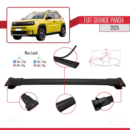 Compatible avec Fiat Grande Panda 2025-2025 FLY Model Barres de Toit Railing Porte-Bagages de Voiture Noir Aluminium 3 Barres