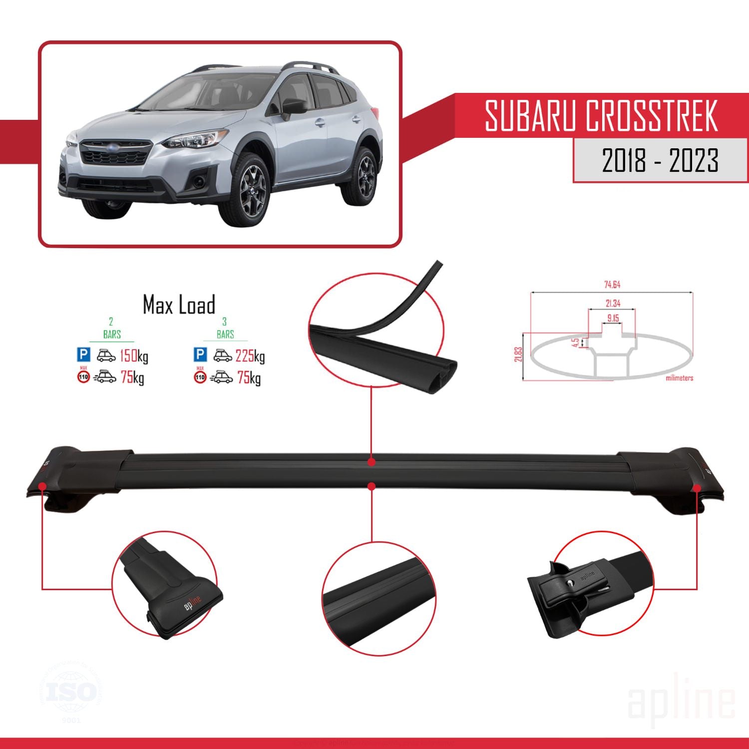 Compatible avec Subaru Crosstrek 2018-2023 FLY Model Barres de Toit Railing Porte-Bagages de Voiture Noir Aluminium 3 Barres