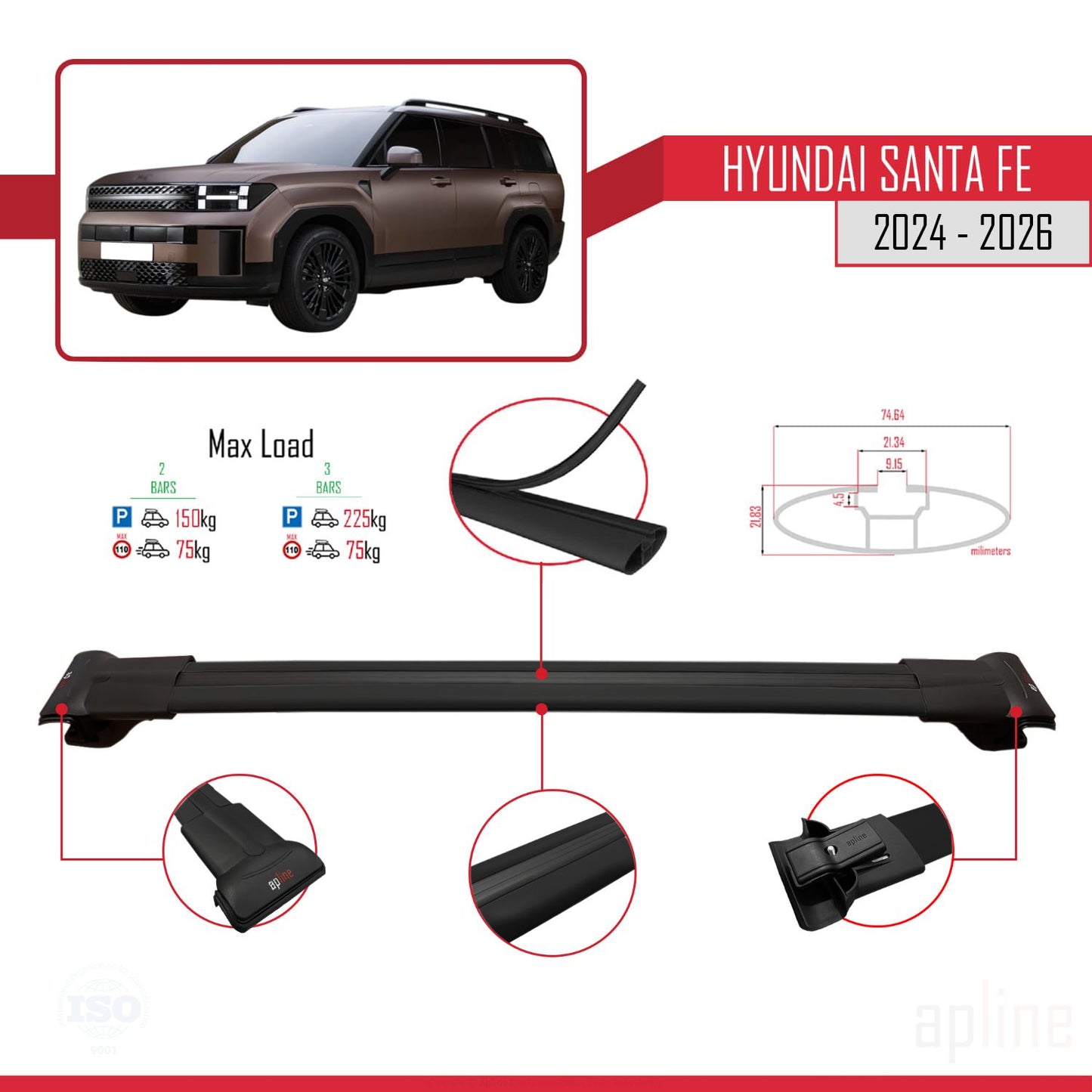 Compatible avec Hyundai Santa Fe 2024-2025 FLY Model Barres de Toit Railing Porte-Bagages de Voiture Noir Aluminium 2 Barres